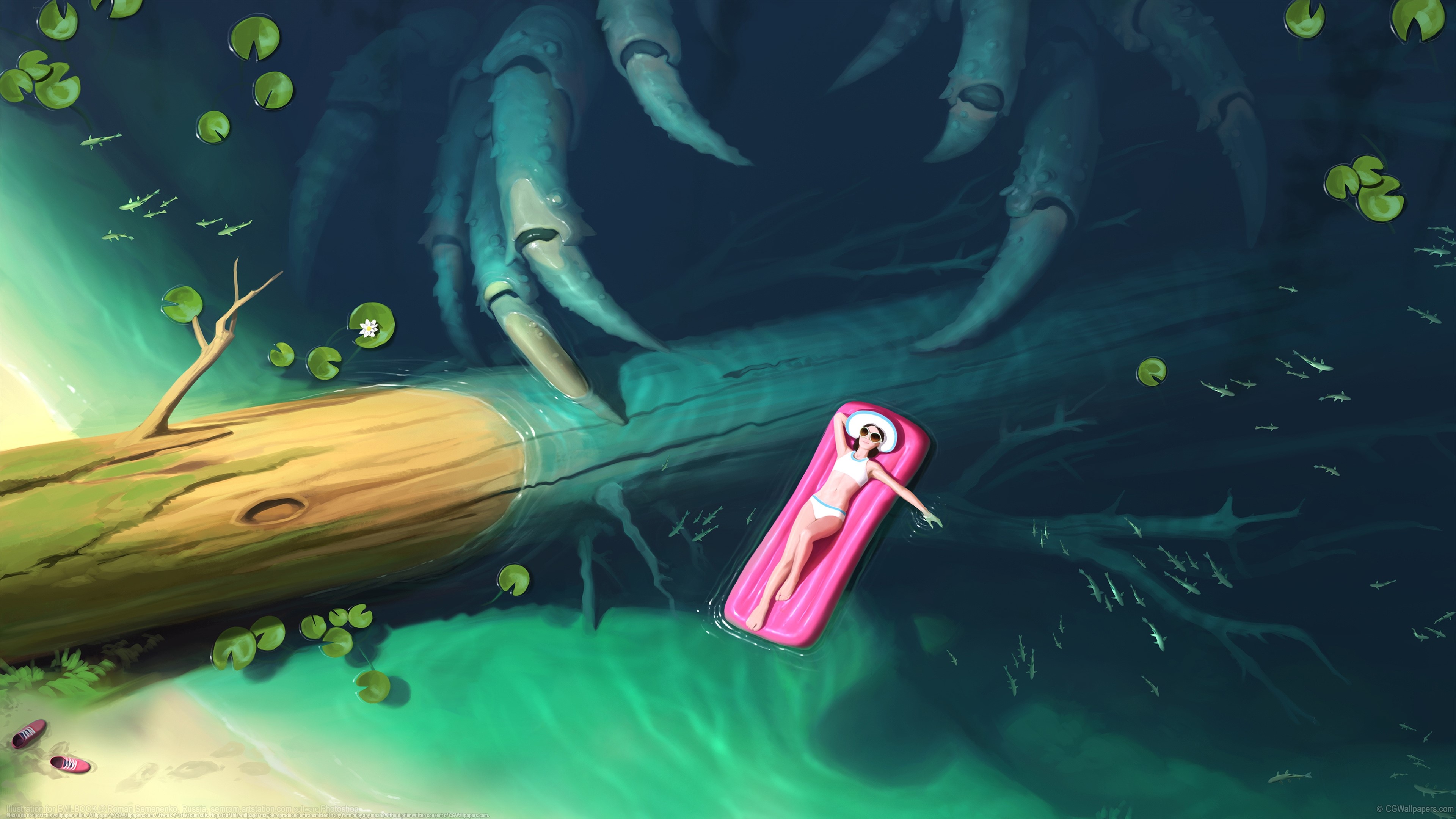 women, artwork, digital art, bikini, creature, log, top view, HD Wallpaper