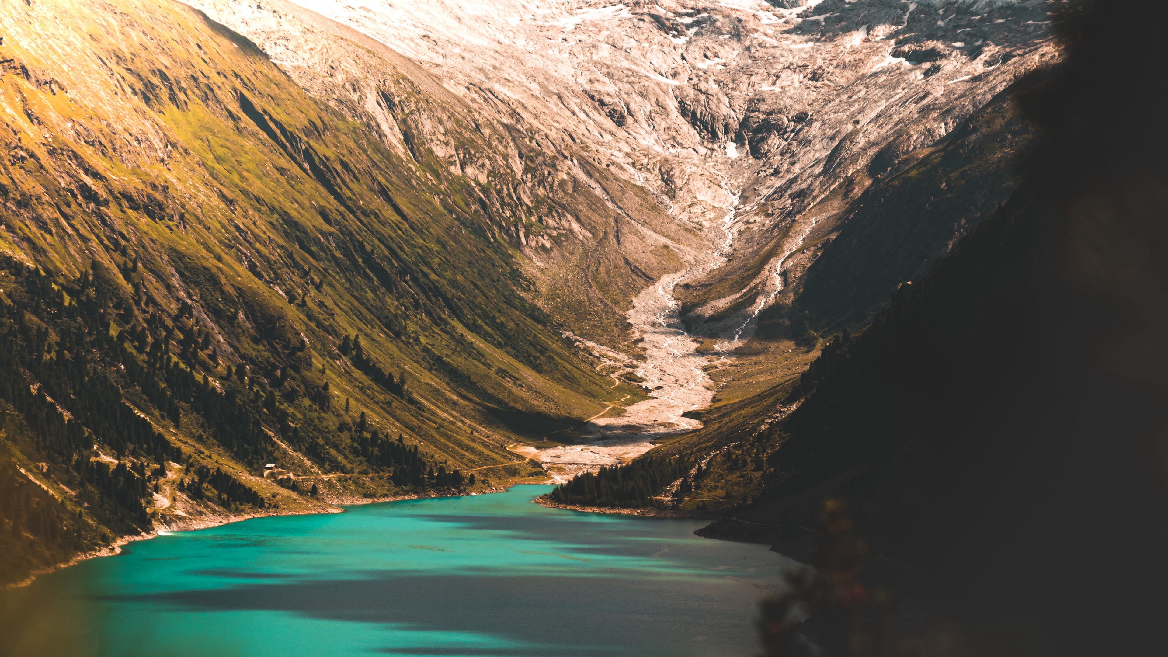 mountains, lake, slopes, peak, snow, 4k, HD Wallpaper