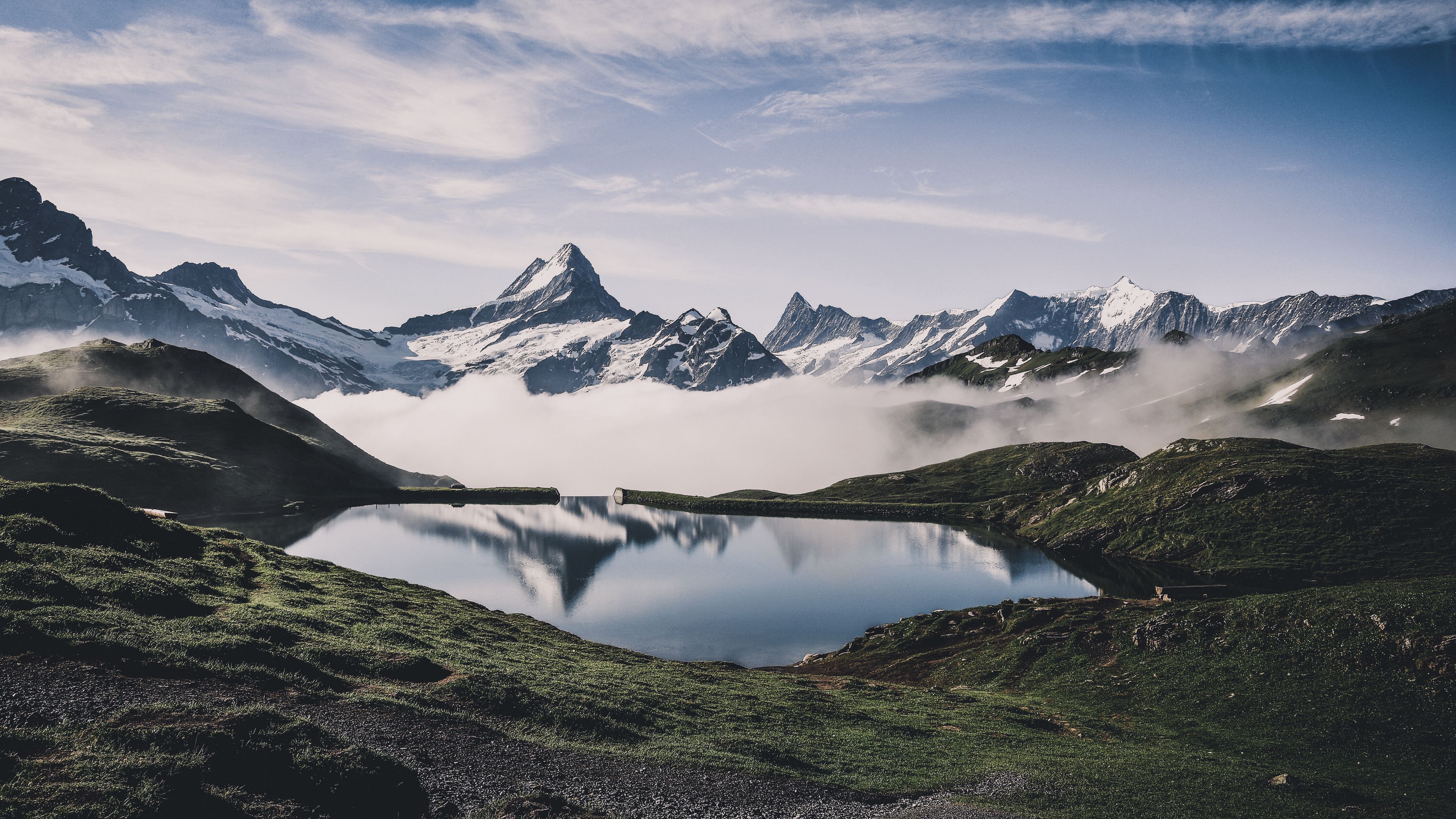 mountains, lake, fog, landscape, nature, 4k, HD Wallpaper