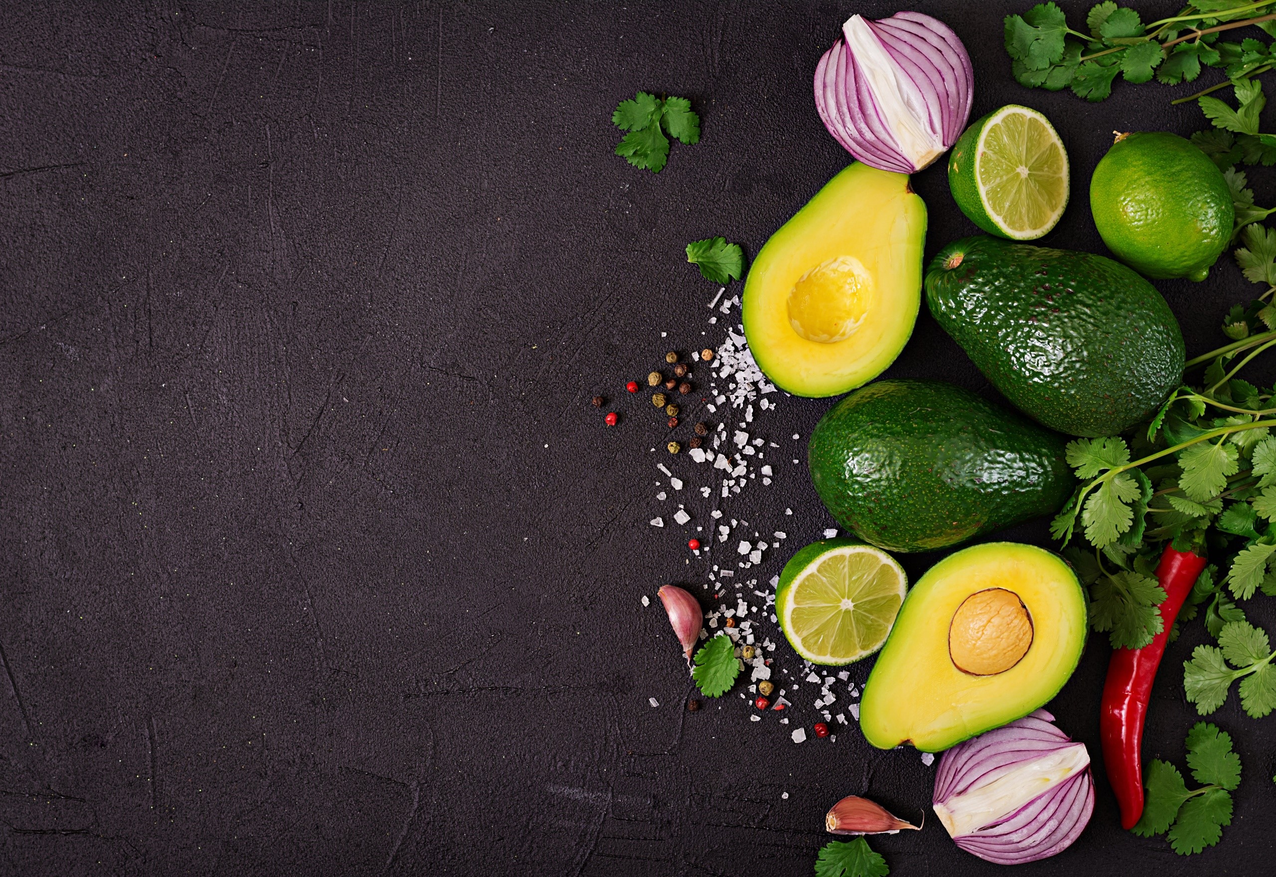 still life, food, vegetables, Avocado, lime, red onion, Garlic, Pepper, salt, cilantro, chilli peppers, HD Wallpaper