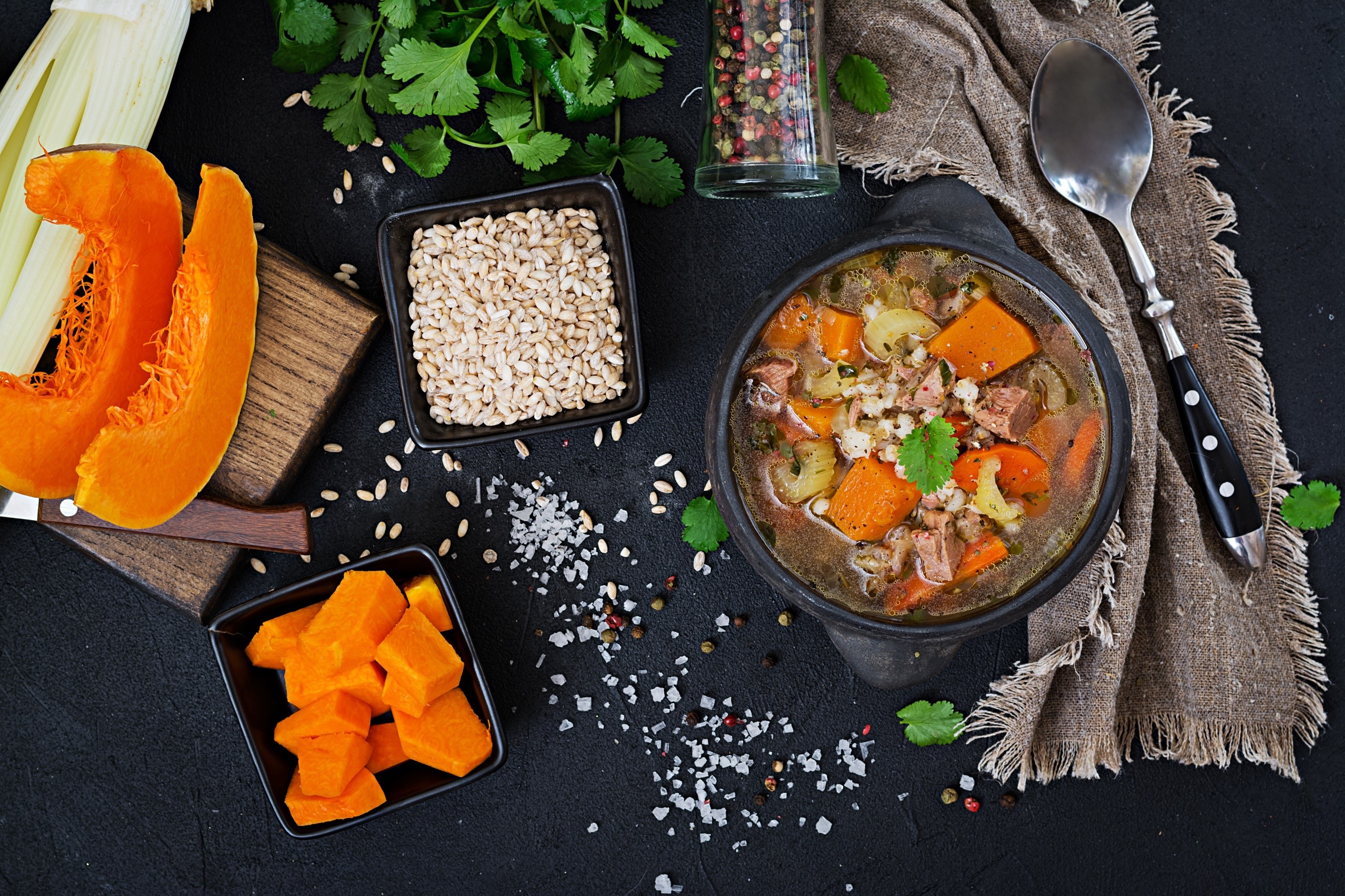 food, soup, celery, cutting board, spoon, knife, salt, Pepper, rice, parsley, HD Wallpaper