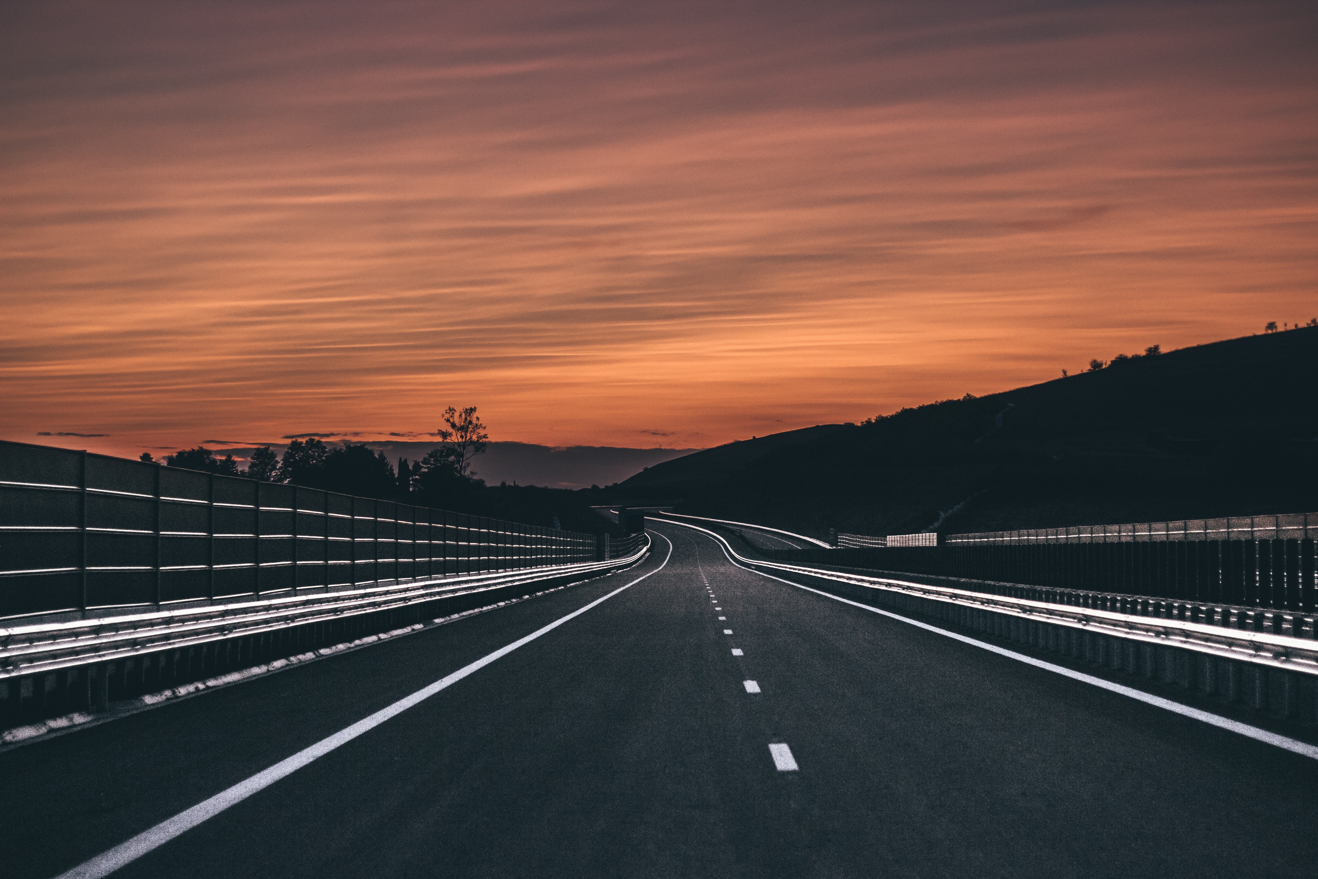 photography, sunset, clouds, evening, trees, road, hill, empty, fence, lines, HD Wallpaper