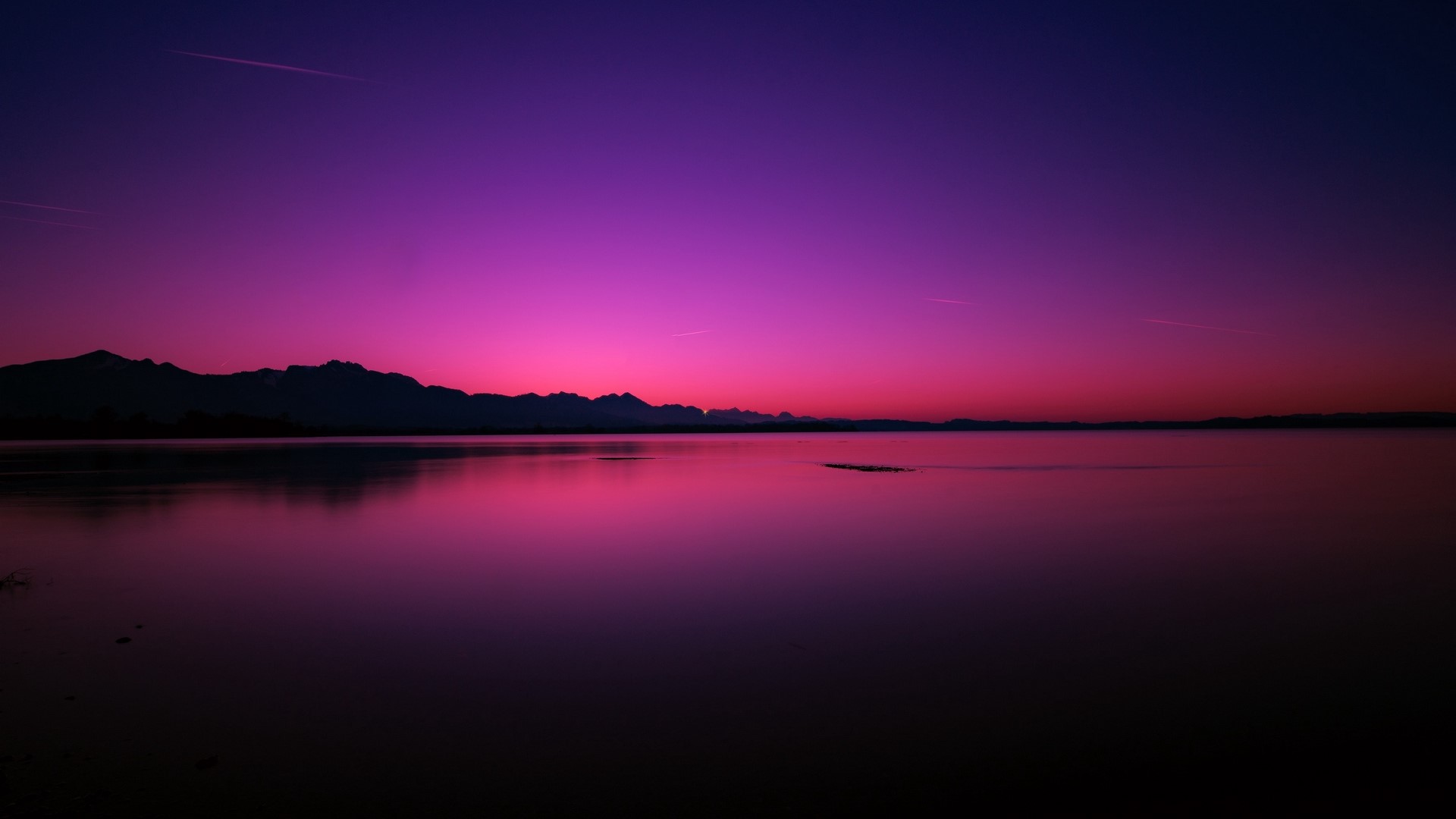 lake, sunset, horizon, night, pink, purple, HD Wallpaper