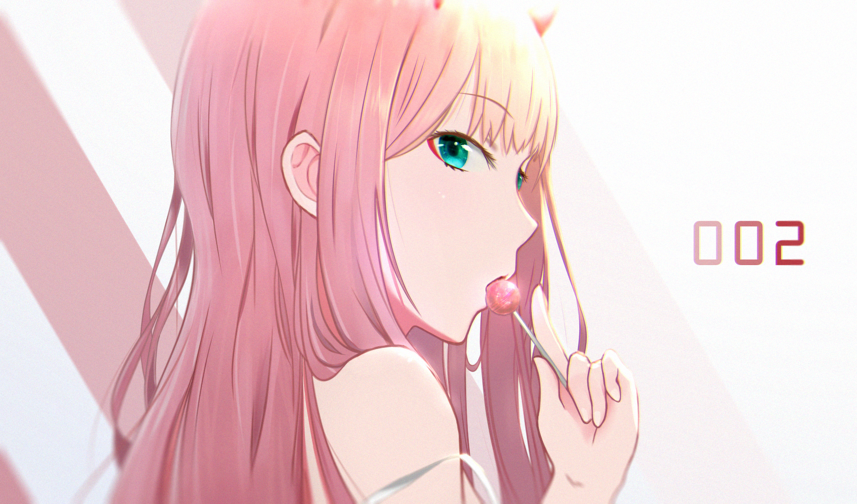 pink hair, lollipop, Zero Two (Darling in the FranXX), Darling in the FranXX, HD Wallpaper