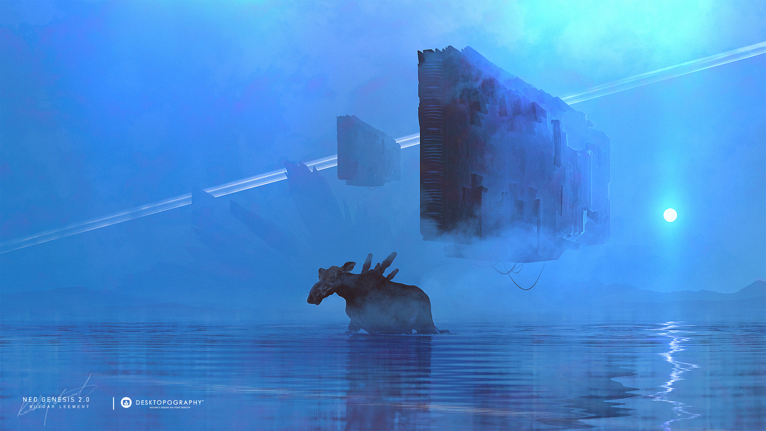 Desktopography, Photoshop, digital, moose, spaceship, water, fantasy art, Kuldar Leement, elk, blue, cyan, HD Wallpaper