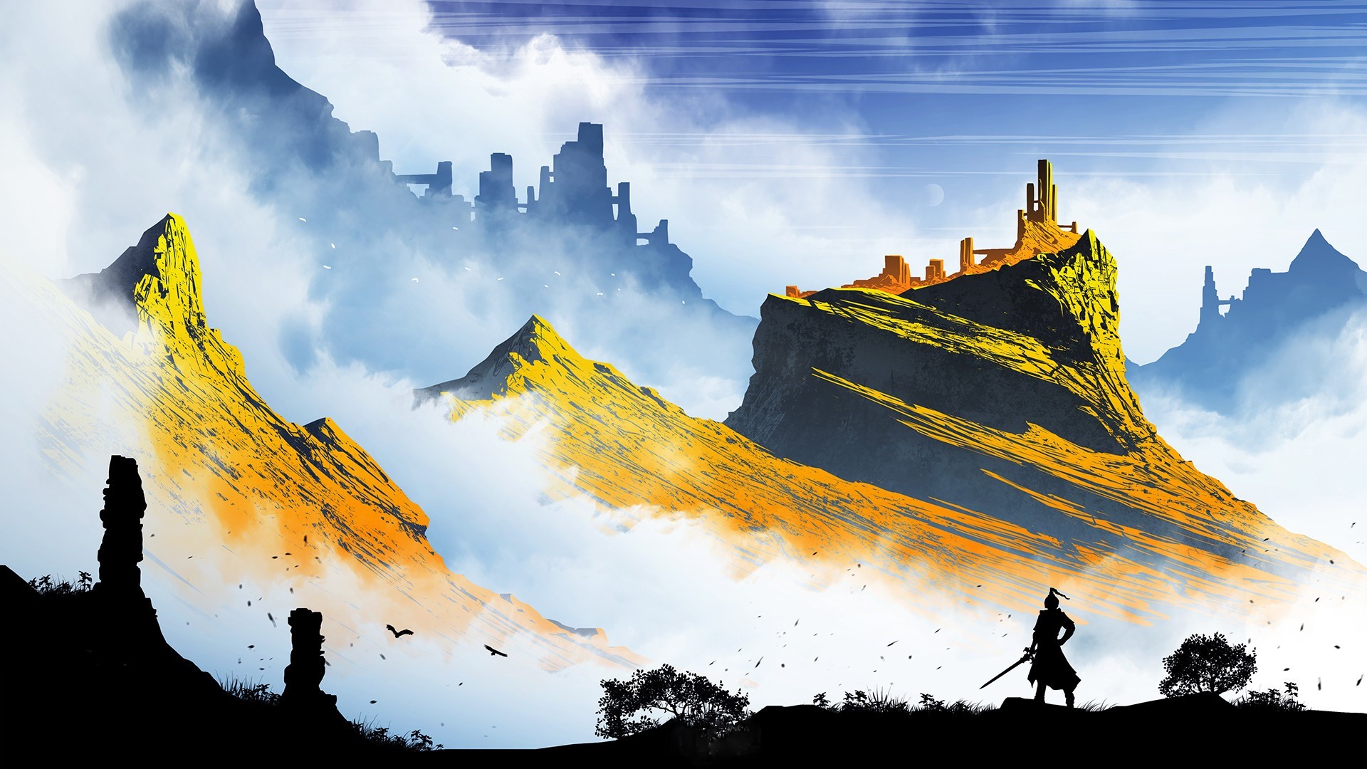 artwork, illustration, mountains, fantasy art, sunset, Kvacm, HD Wallpaper