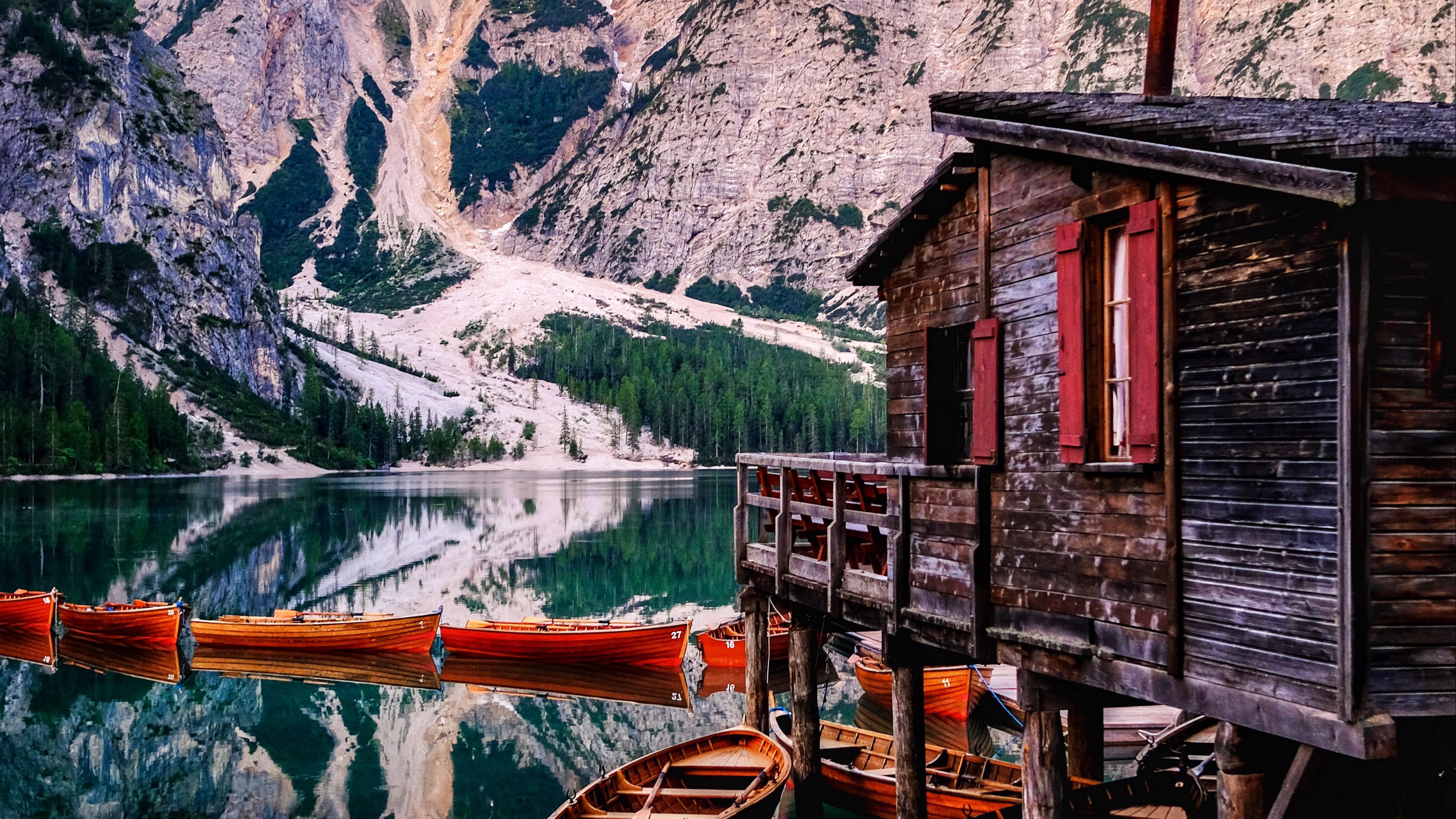 mountains, lake, boats, pier, building, 4k, HD Wallpaper