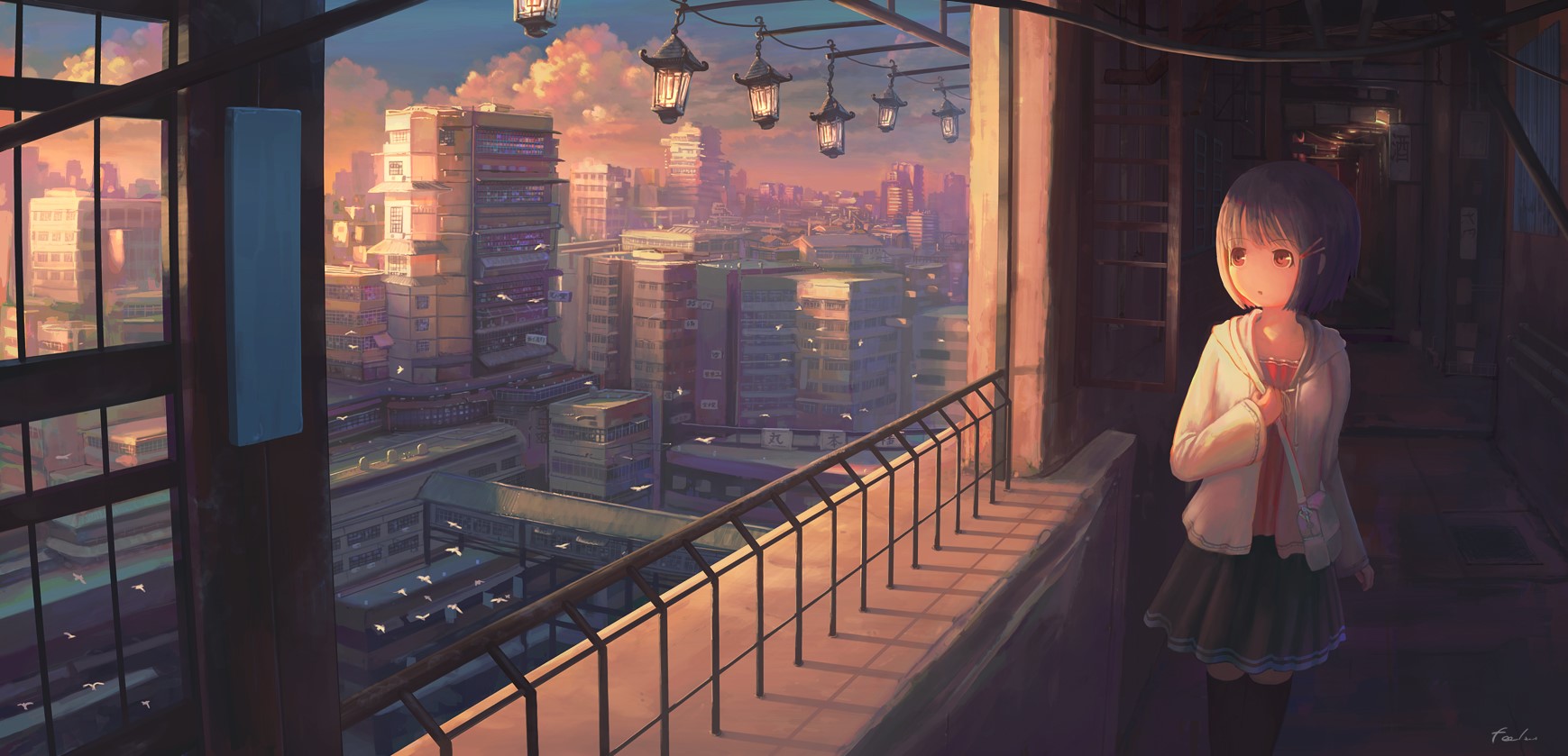 artwork, digital art, anime, anime girls, city, painting, sunset, lantern, evening, HD Wallpaper