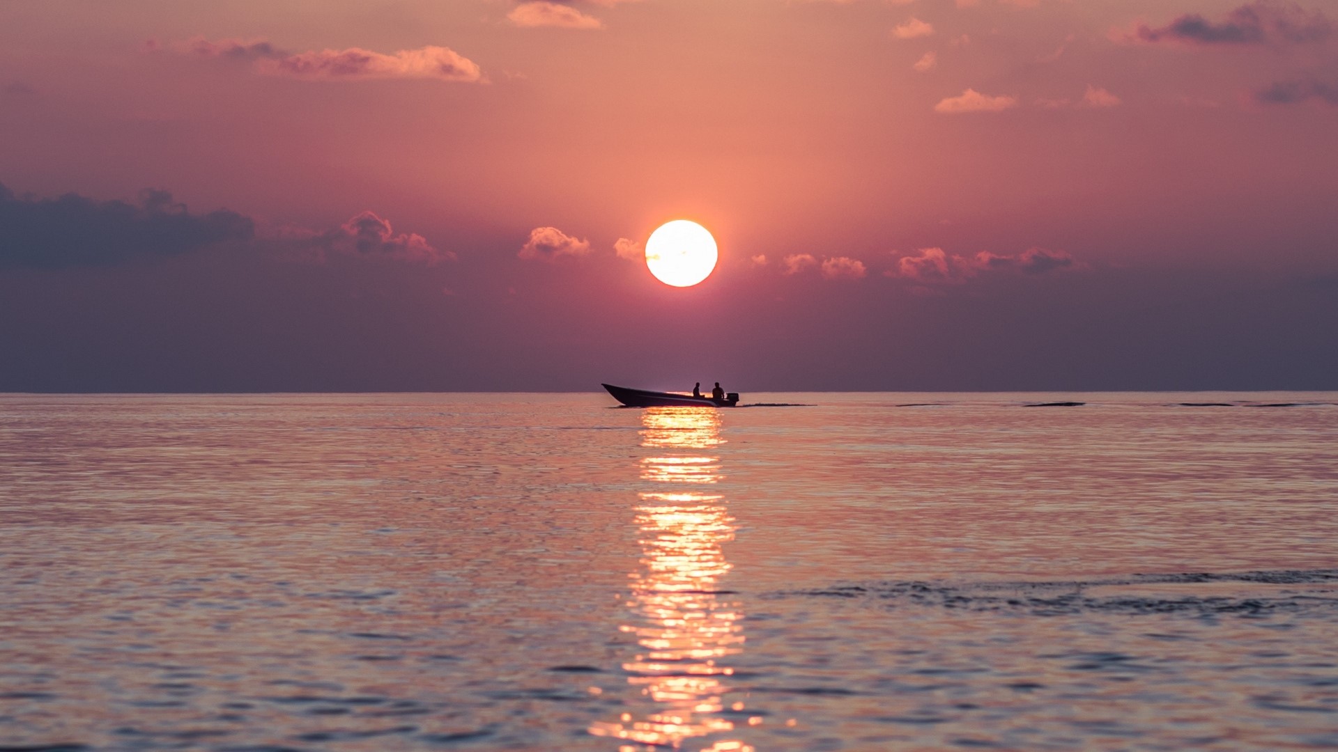 sea, boat, sunset, horizon, Maldives, HD Wallpaper