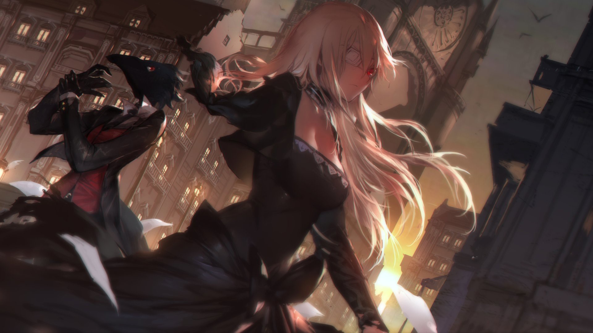anime girls, anime, blonde, long hair, city, HD Wallpaper