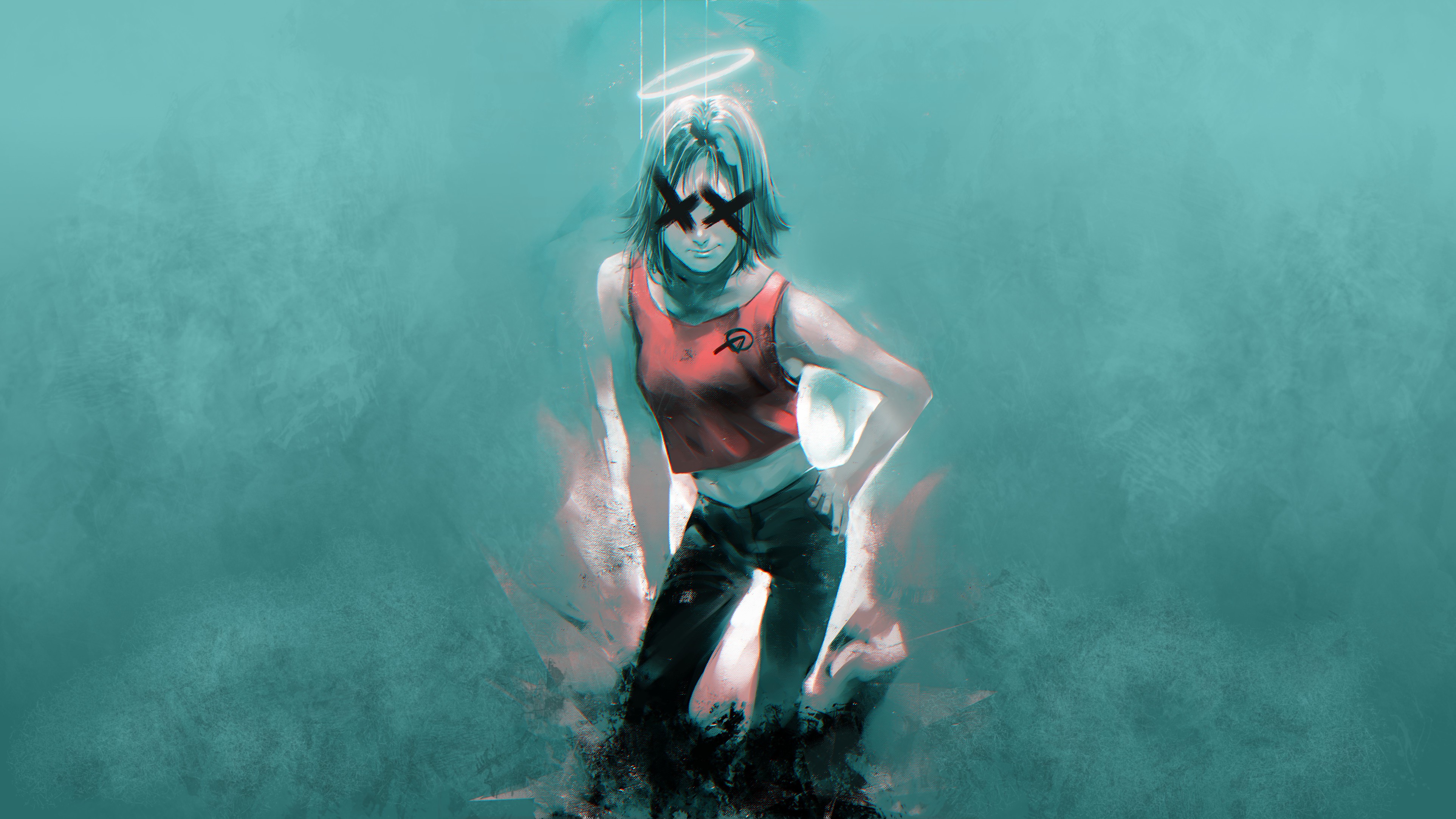 digital art, artwork, angel, cyan hair, cyan background, cyan, HD Wallpaper