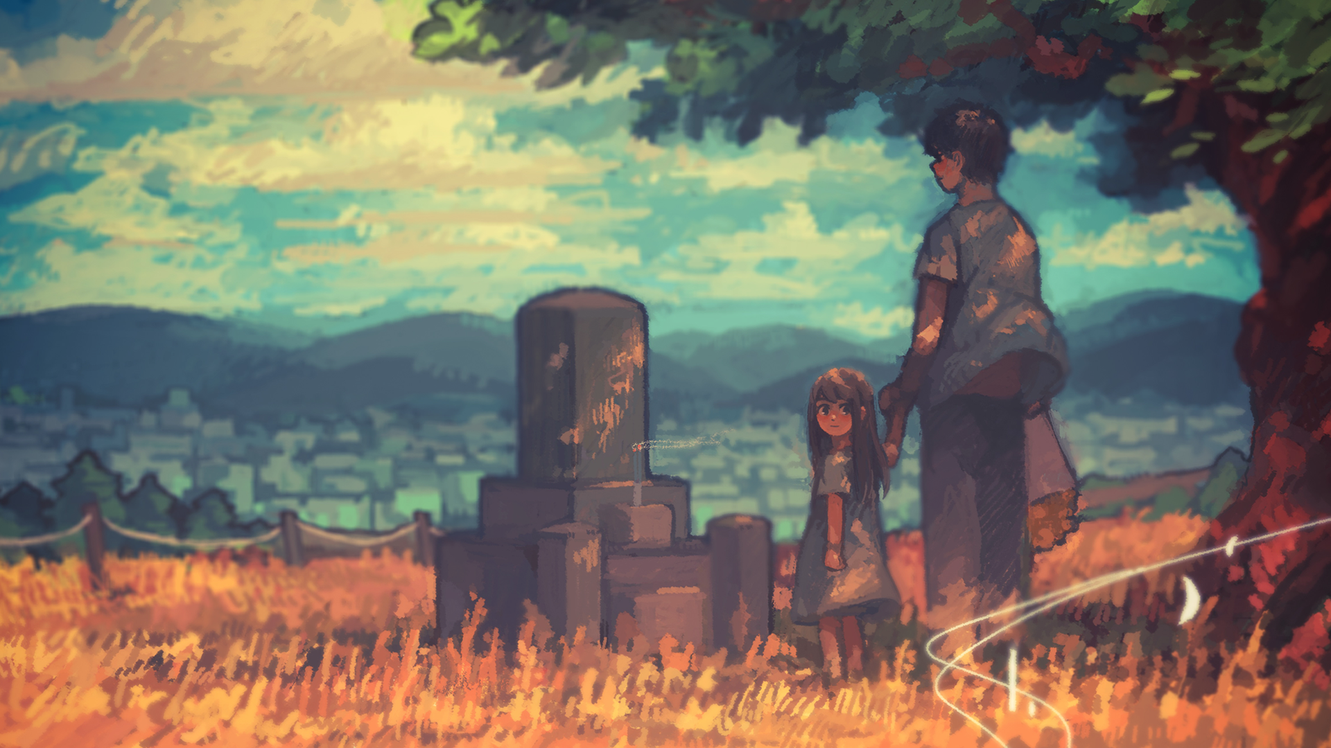 anime girls, artwork, digital art, original characters, landscape, nature, bridge, HD Wallpaper