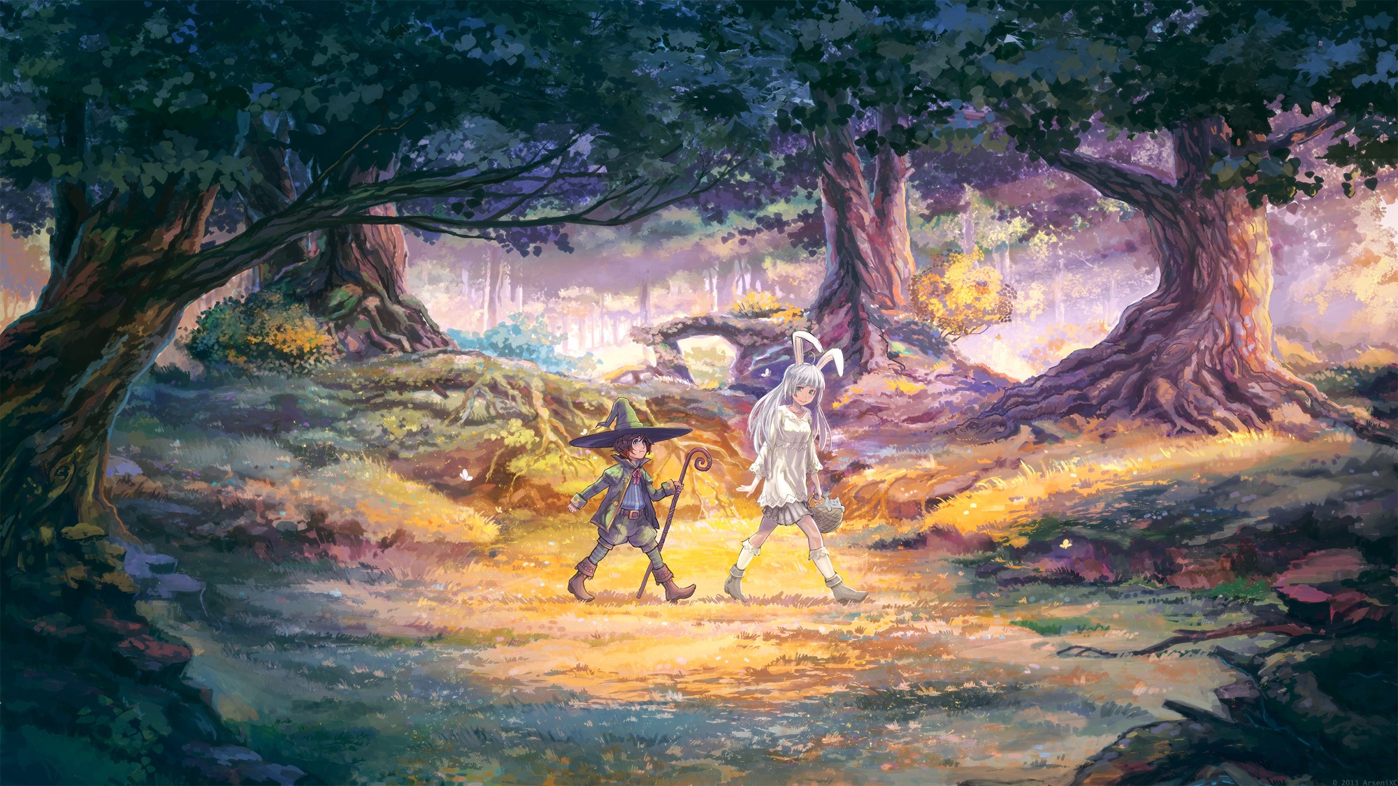 artwork, digital art, original characters, landscape, nature, bridge, forest, HD Wallpaper