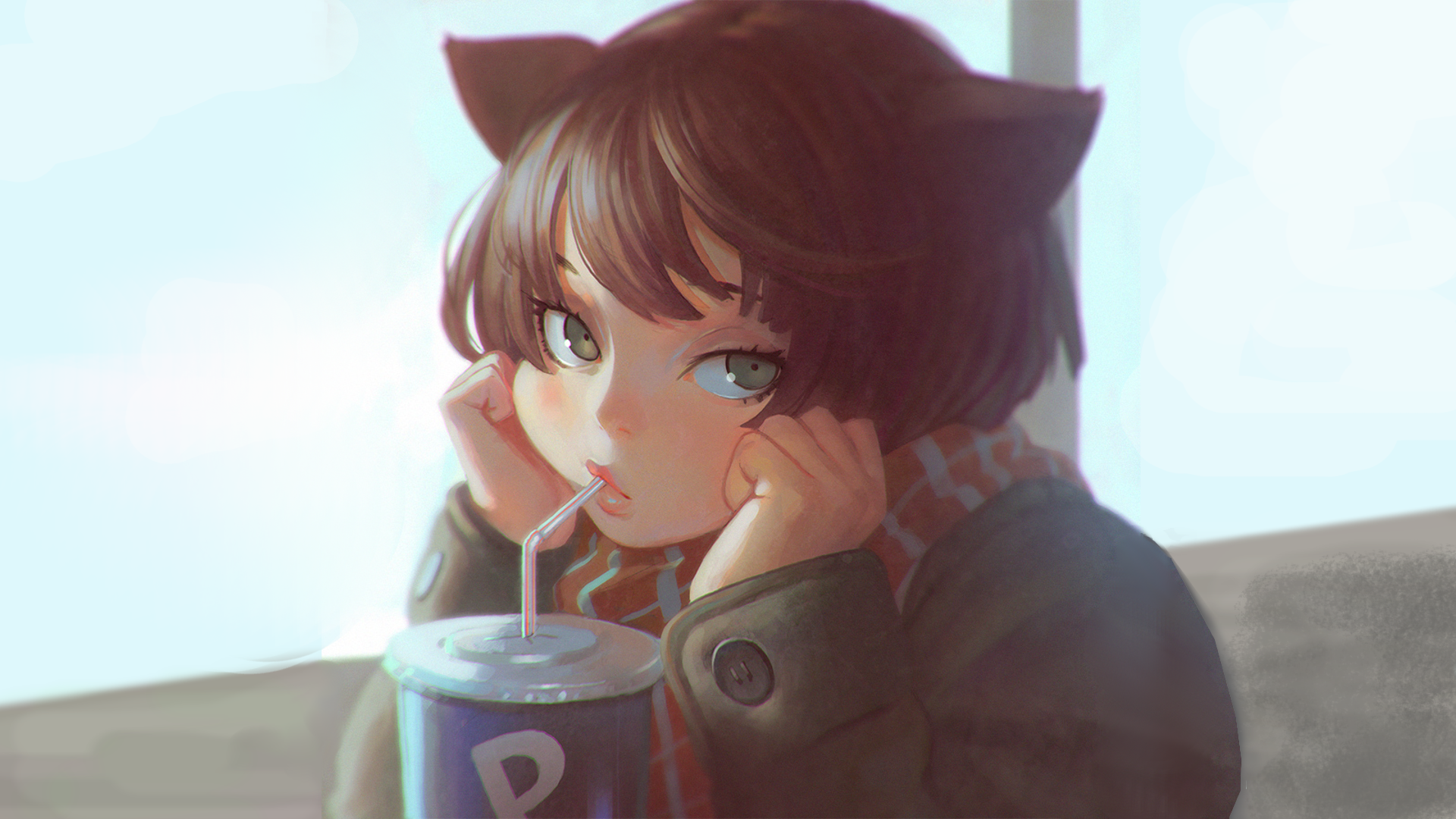 digital art, artwork, anime girls, nekomimi, schoolgirl, brunette, HD Wallpaper