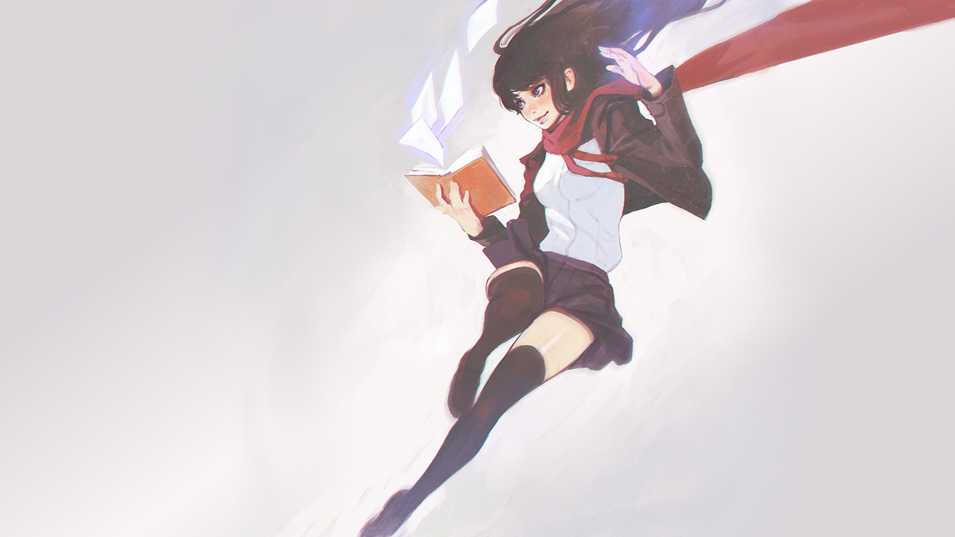 digital art, artwork, anime girls, schoolgirl, books, brunette, HD Wallpaper