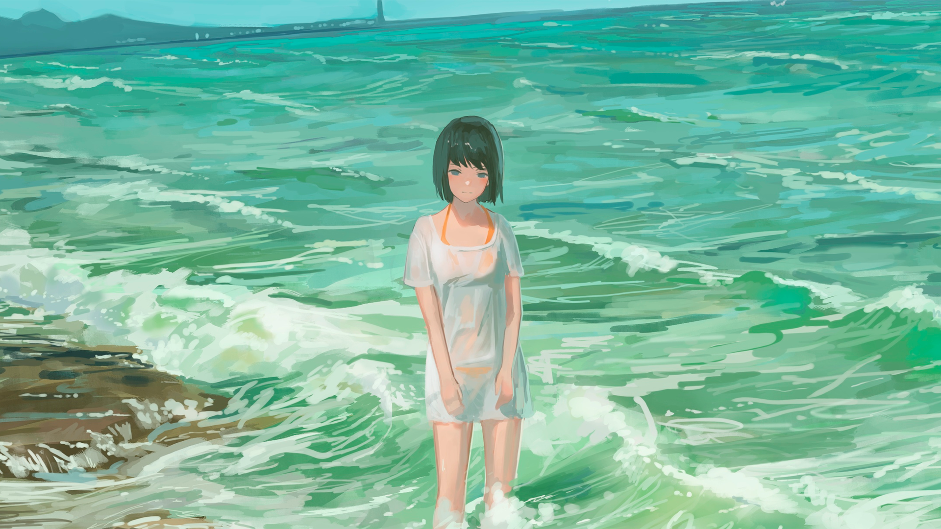 anime, manga, anime girls, sea, beach, short hair, HD Wallpaper