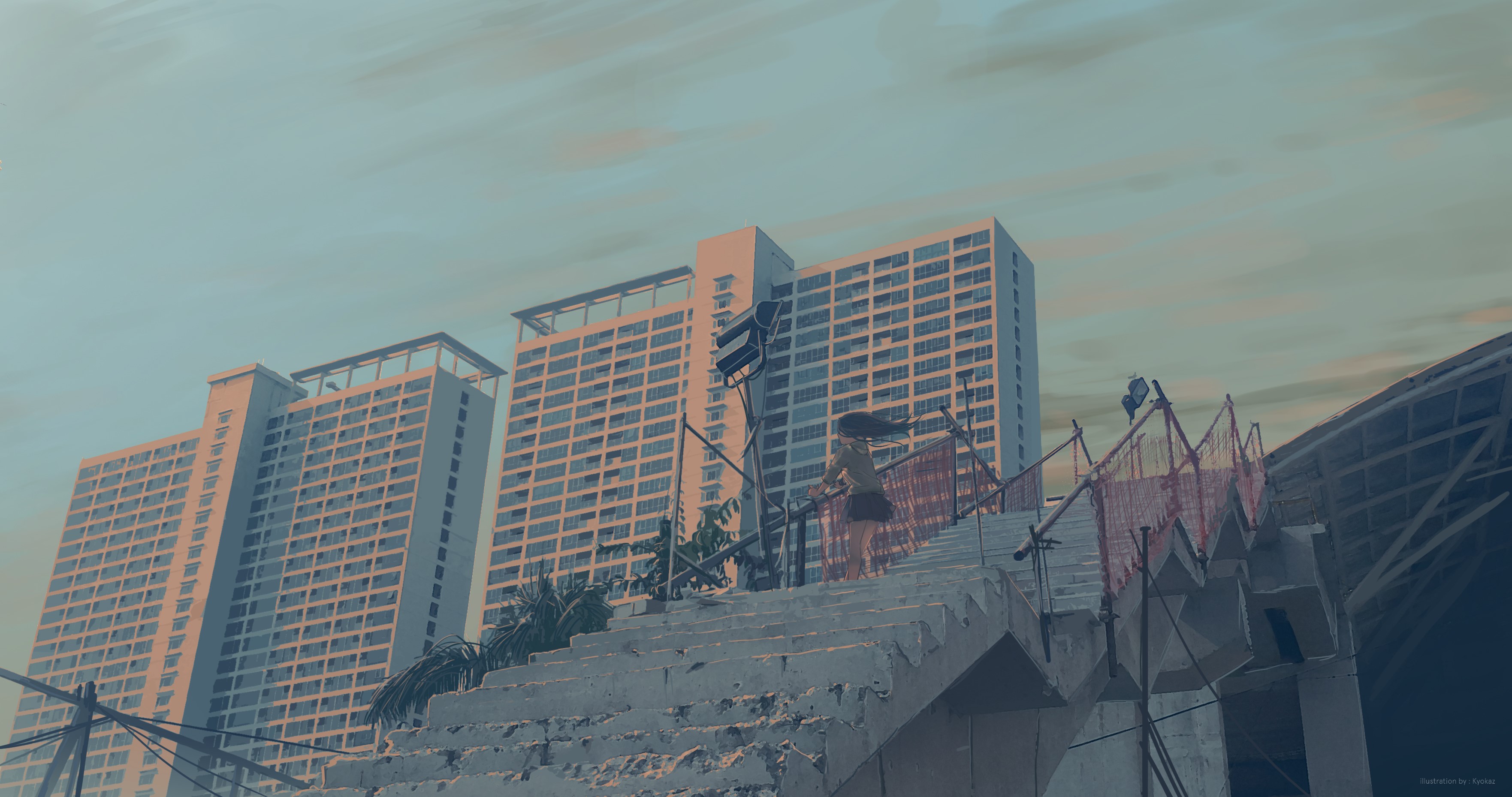 building, staircase, stairs, wind, sky, clouds, anime, anime girls, original characters, HD Wallpaper