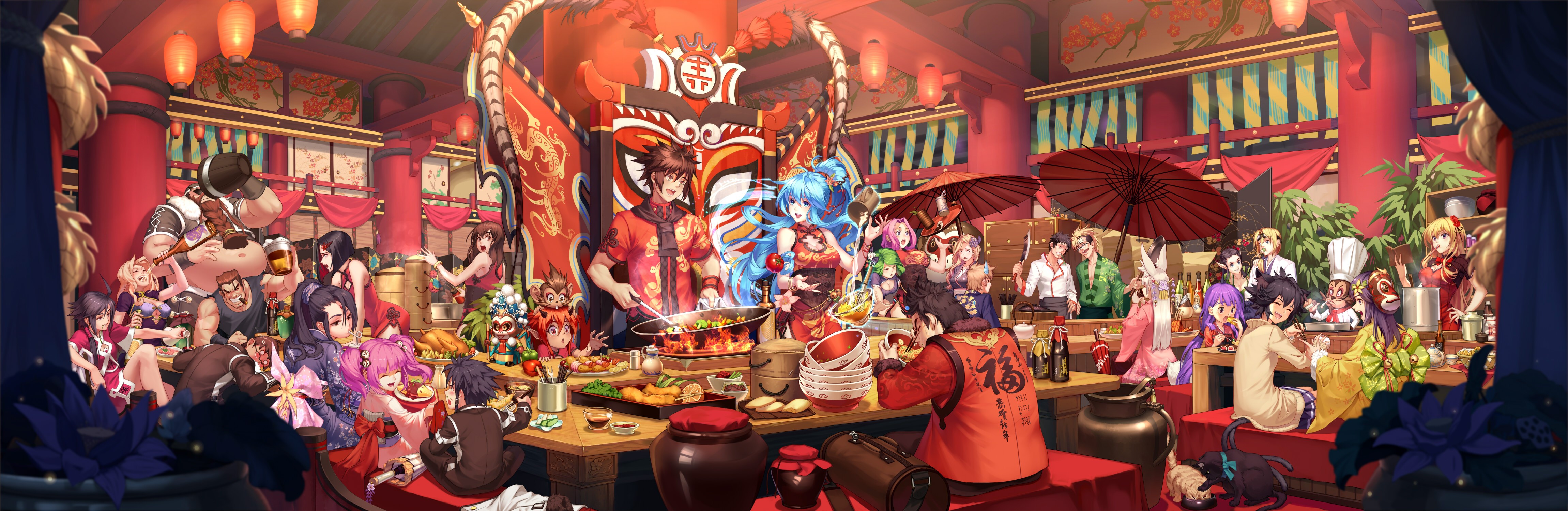 tavern, alcohol, anime, anime boys, anime girls, ultra-wide, HD Wallpaper
