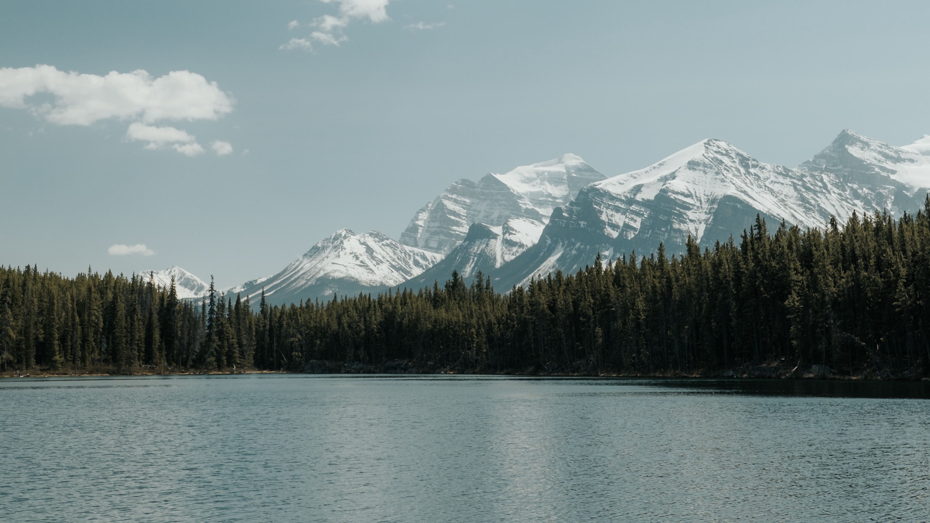 mountains, lake, trees, sky, landscape, 4k, HD Wallpaper