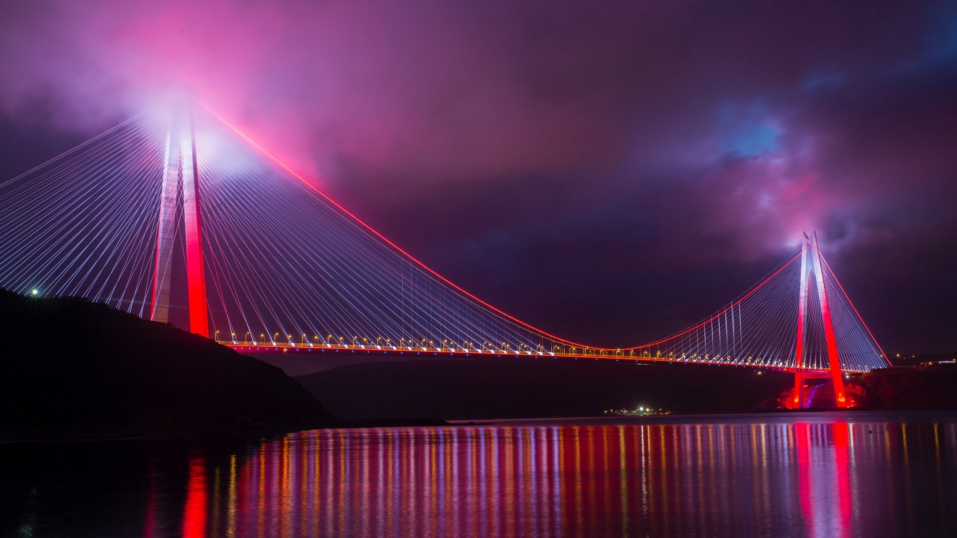 bridge, night, Turkey, pink, lights, Istanbul, HD Wallpaper