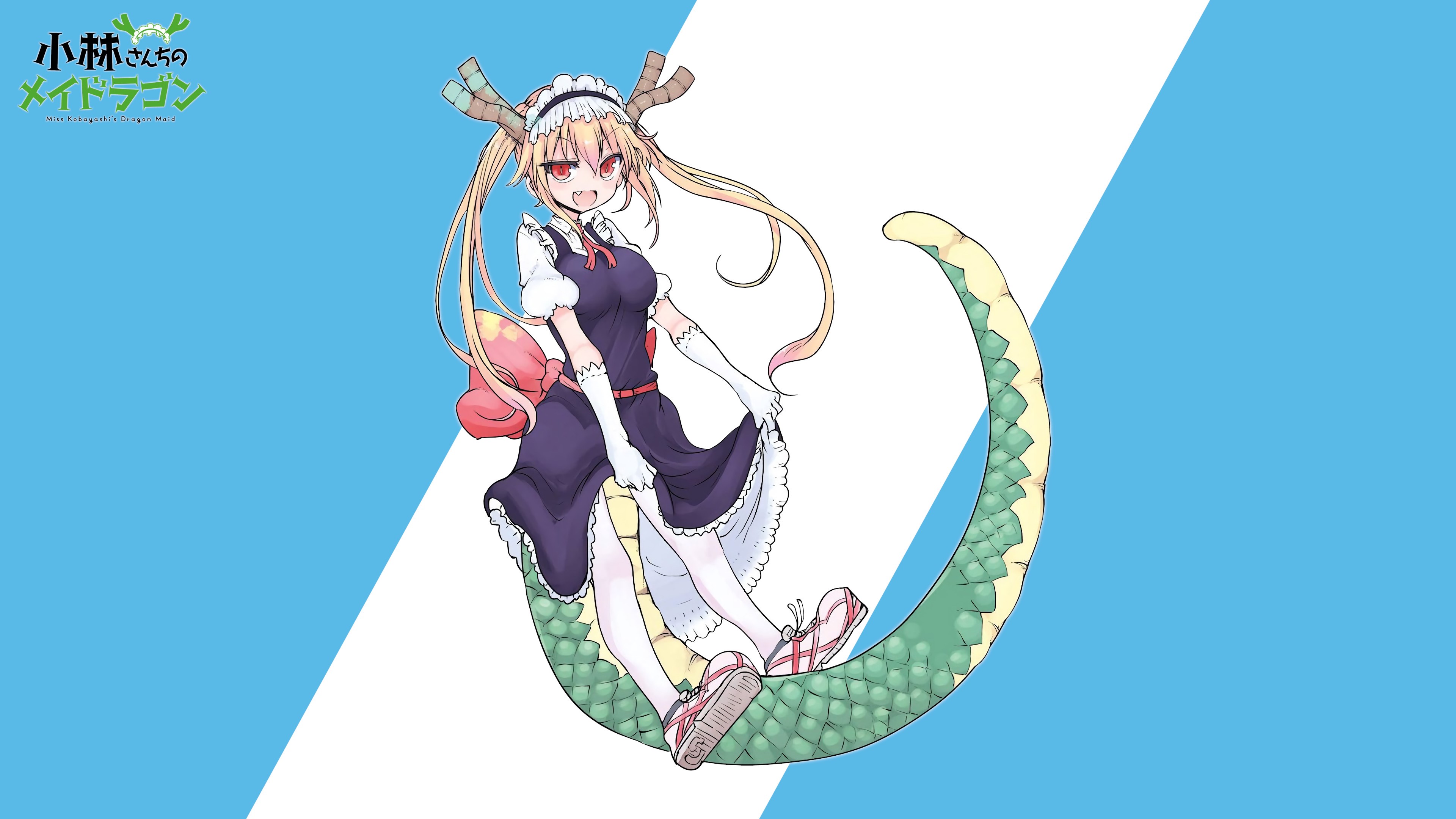 Kobayashi-san Chi no Maid Dragon, simple background, looking at viewer, Tohru (Kobayashi-san Chi no Maid Dragon), cyan, HD Wallpaper