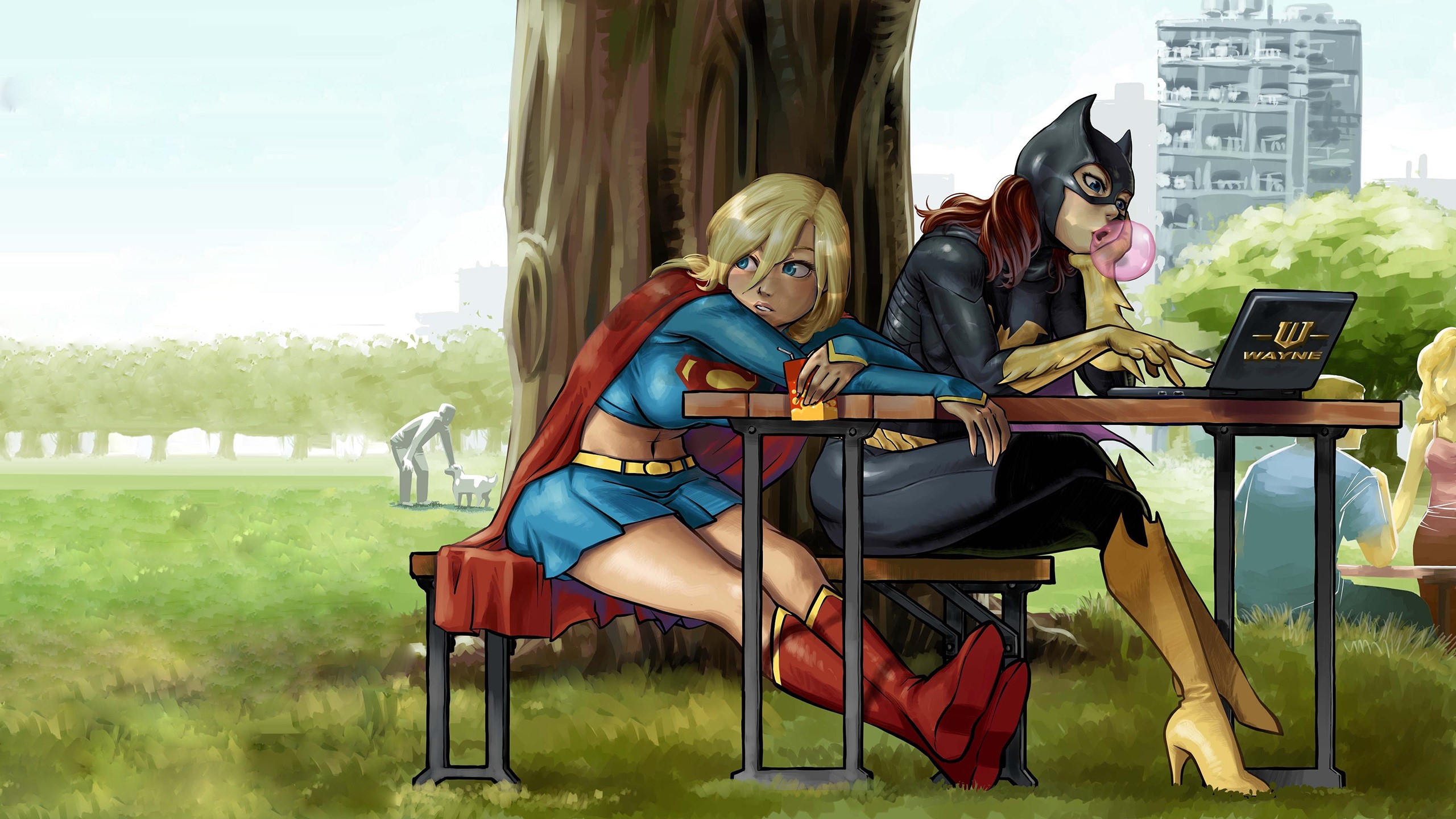 Supergirl, Batgirl, artwork, DC Comics, park, superheroines, HD Wallpaper