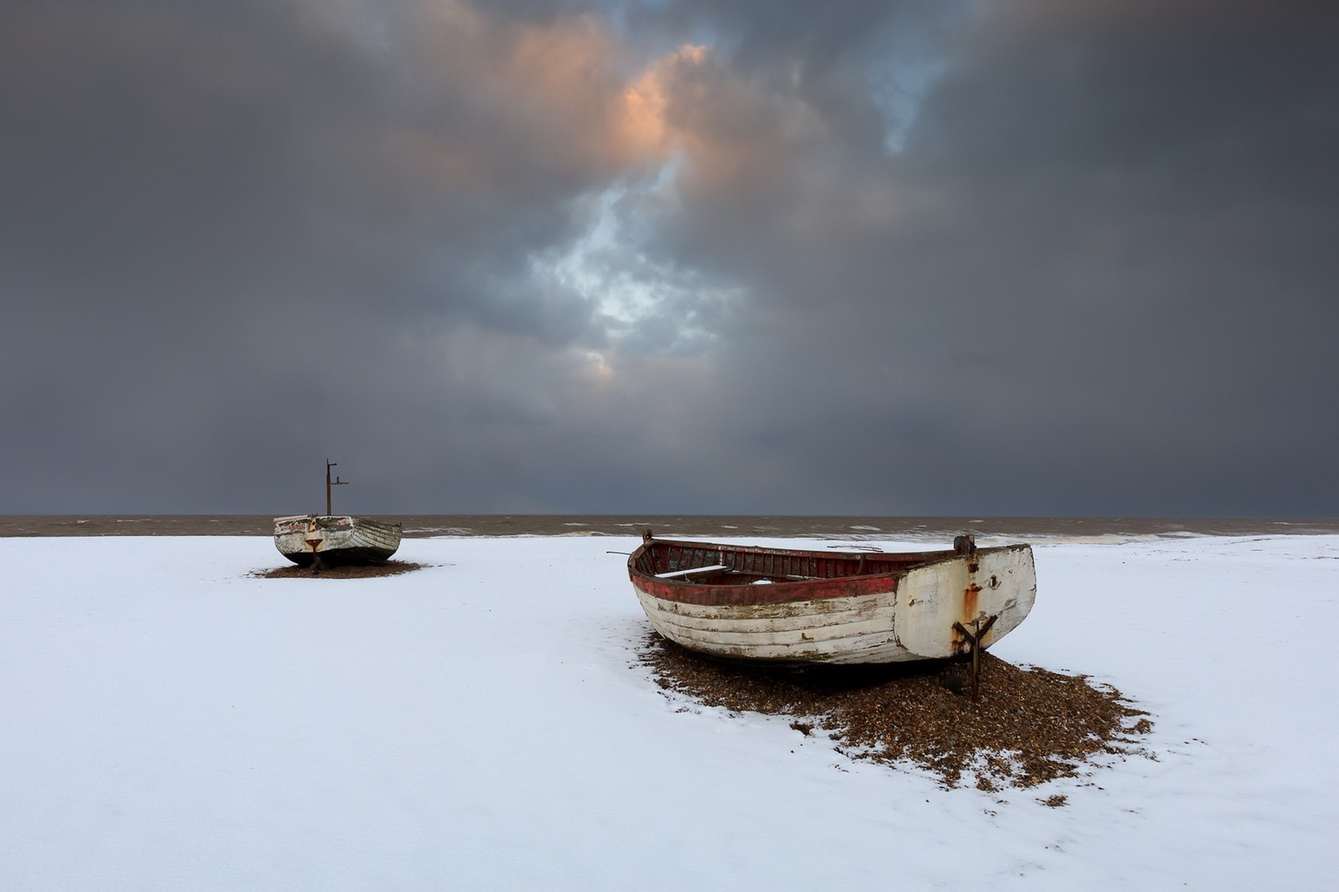 sky, boat, snow, winter, horizon, sea, coast, HD Wallpaper