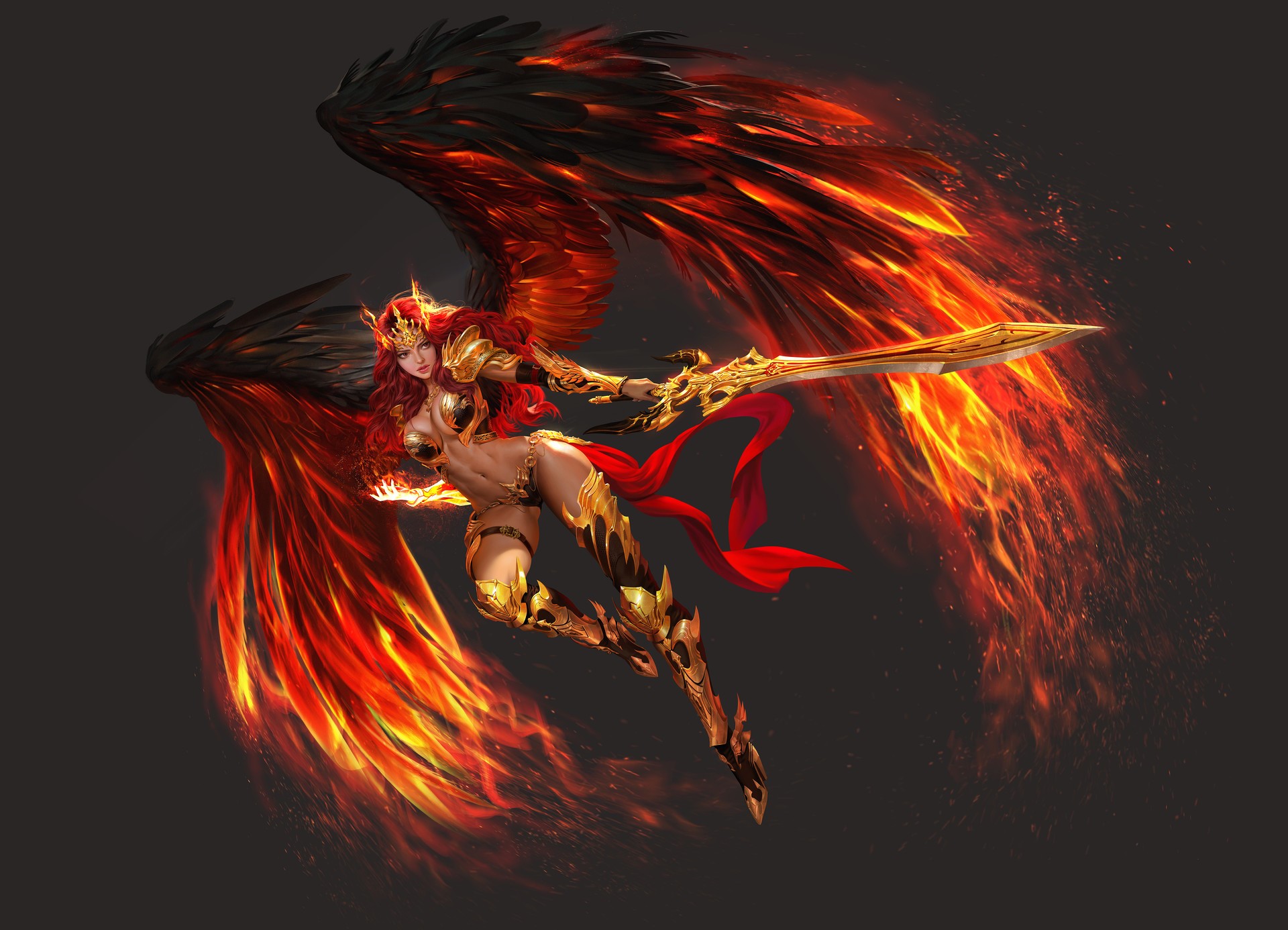 Daeho Cha, cleavage, wings, bikini armor, heels, sword, thigh-highs, HD Wallpaper
