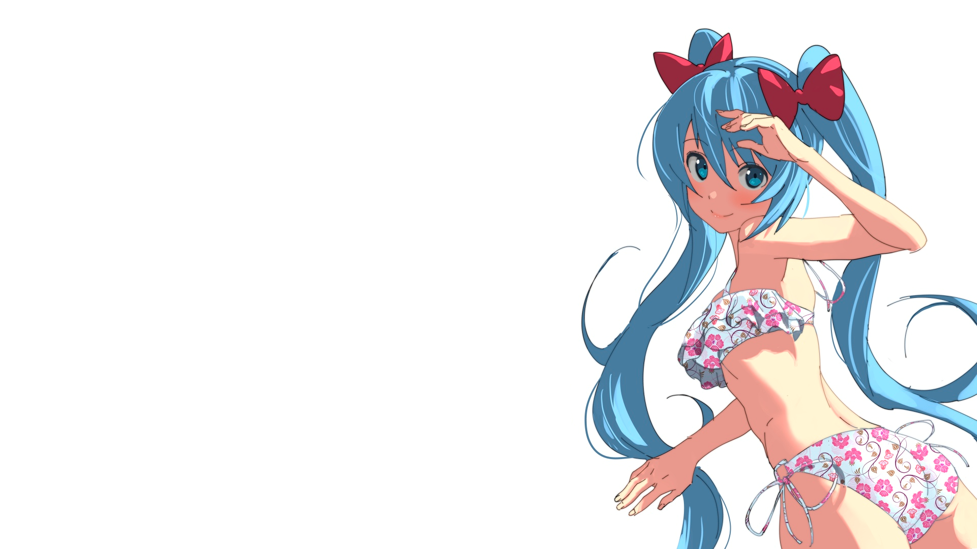 anime, manga, anime girls, simple background, minimalism, white background, Hatsune Miku, pigtails, white swimsuit, turquoise hair, summer, Vocaloid, bikini, HD Wallpaper