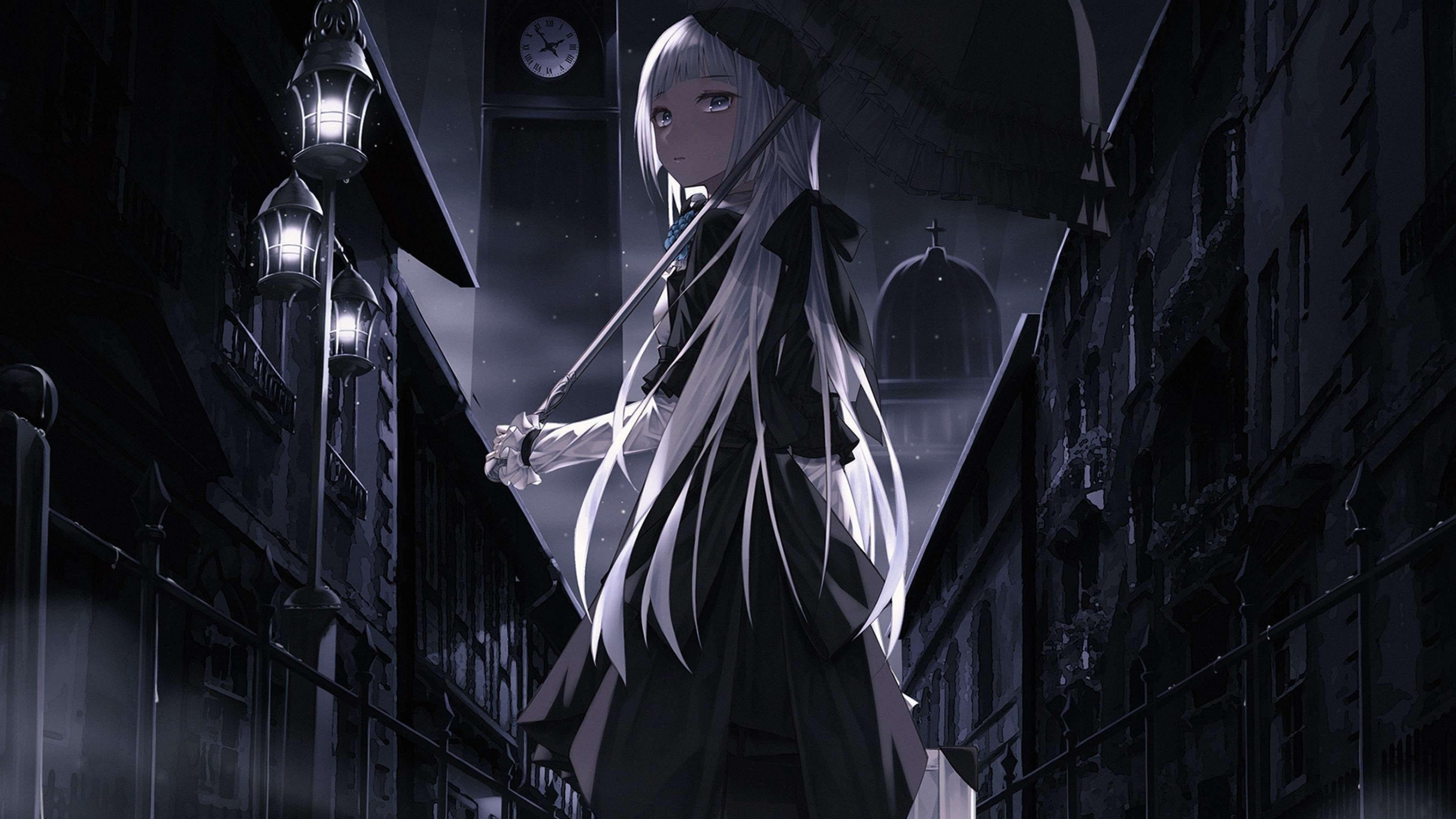 anime girls, umbrella, white hair, dark, HD Wallpaper