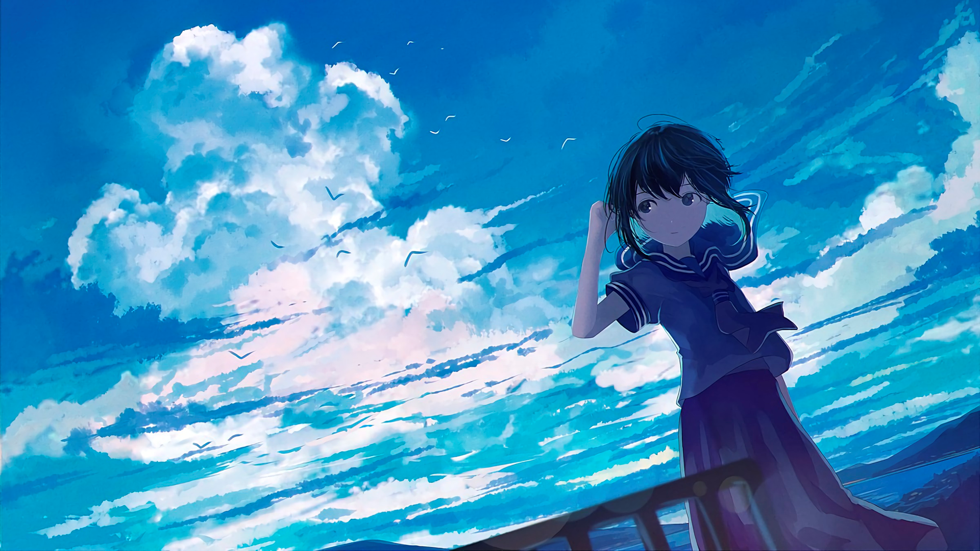 anime, manga, anime girls, sky, blue, clouds, schoolgirl, sailor uniform, sea, HD Wallpaper