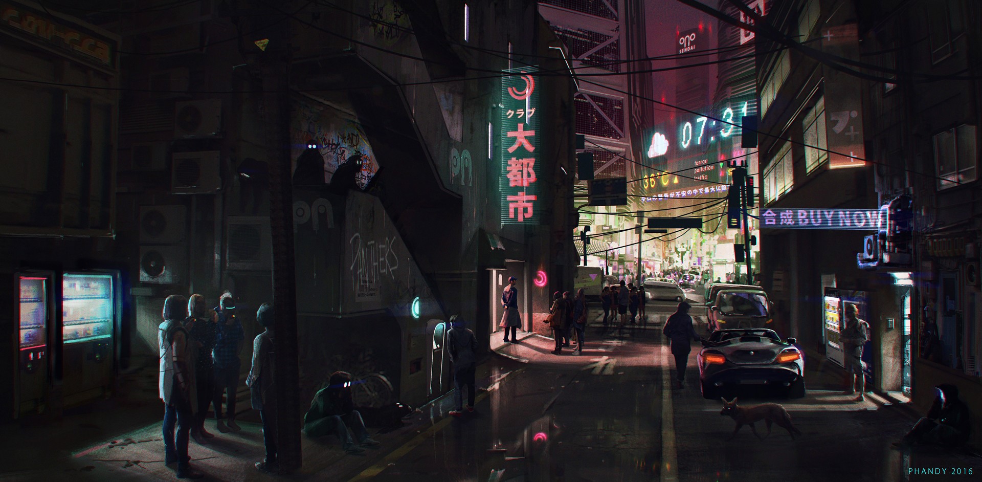 cyberpunk, cityscape, drawn, water, oriental, HD Wallpaper