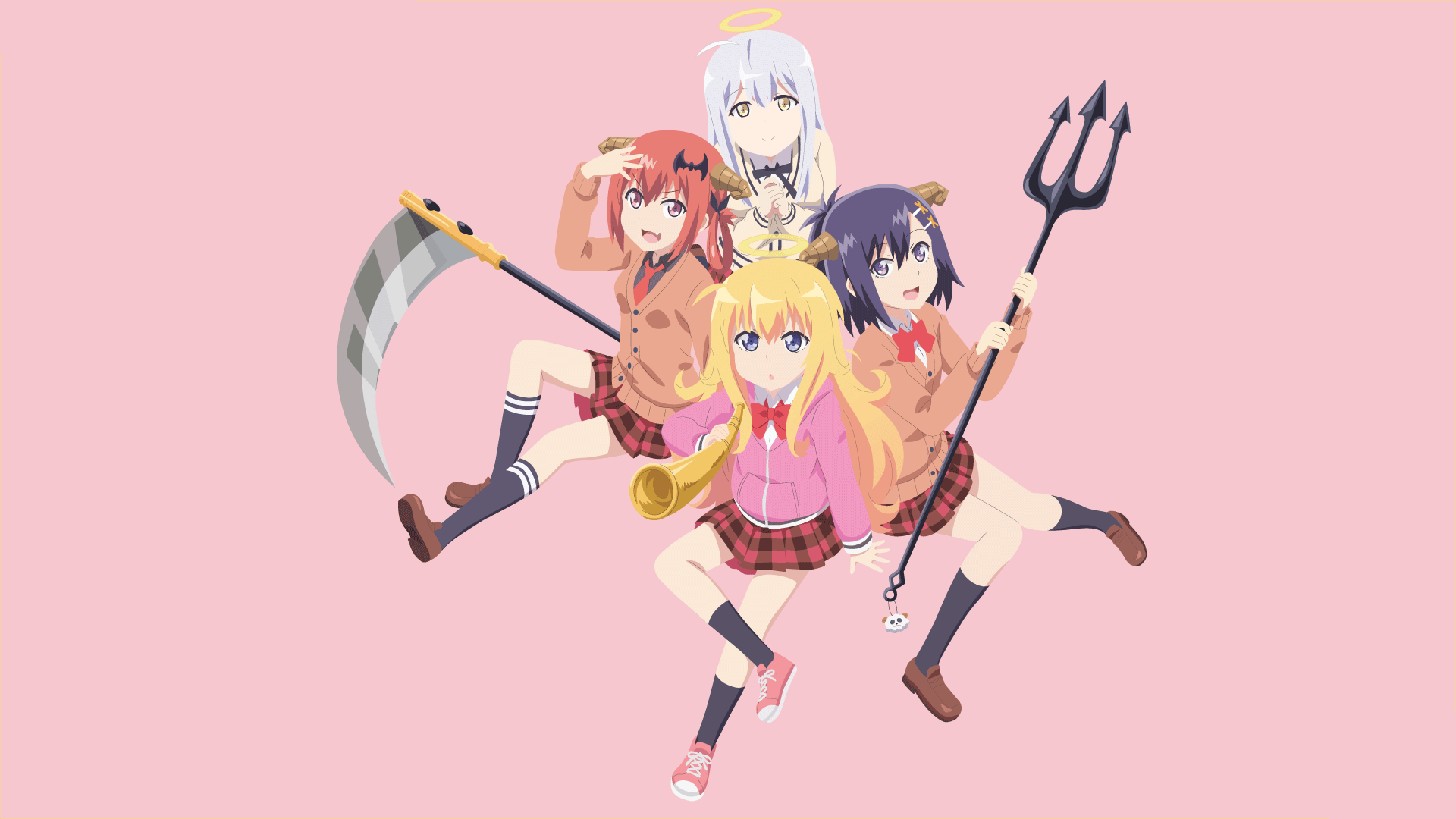 anime, anime girls, white skin, pink, simple background, Gabriel Dropout, Raphiel "Raphi" Shiraha Ainsworth, Raphiel Ainsworth Shiraha, Satanichia McDowell Kurumizawa, Gabriel White Tenma, Vignette April Tsukinose, Vignette Tsukinose April, minimalism, school uniform, HD Wallpaper
