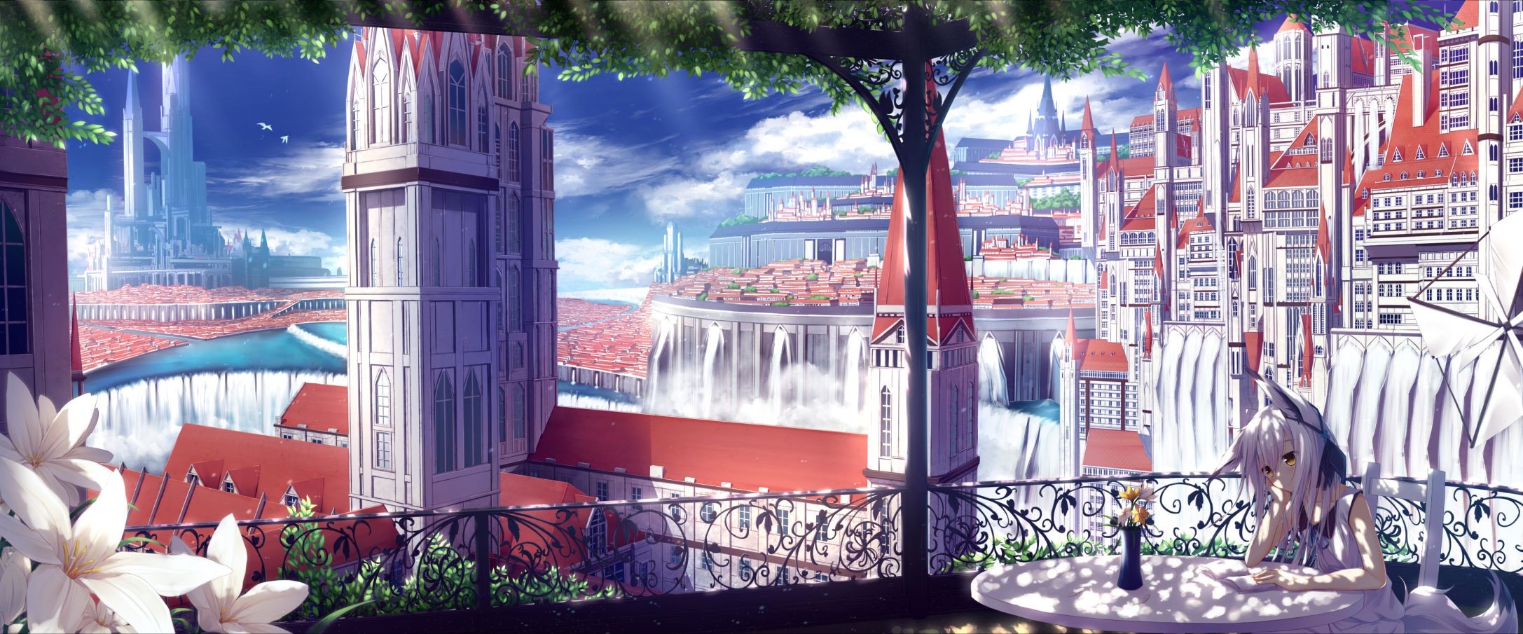 anime, anime girls, city, water, waterfall, sitting, flowers, plants, fence, table, books, reading, arm support, long hair, white hair, animal ears, brown eyes, animal tail, kites, clouds, HD Wallpaper