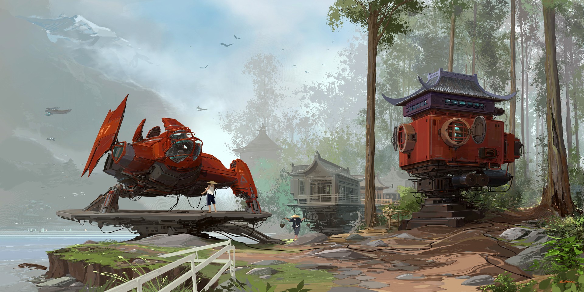 digital art, fantasy art, Alejandro Burdisio, men, nature, spaceship, futuristic, landscape, Asian architecture, trees, mountains, drawing, HD Wallpaper