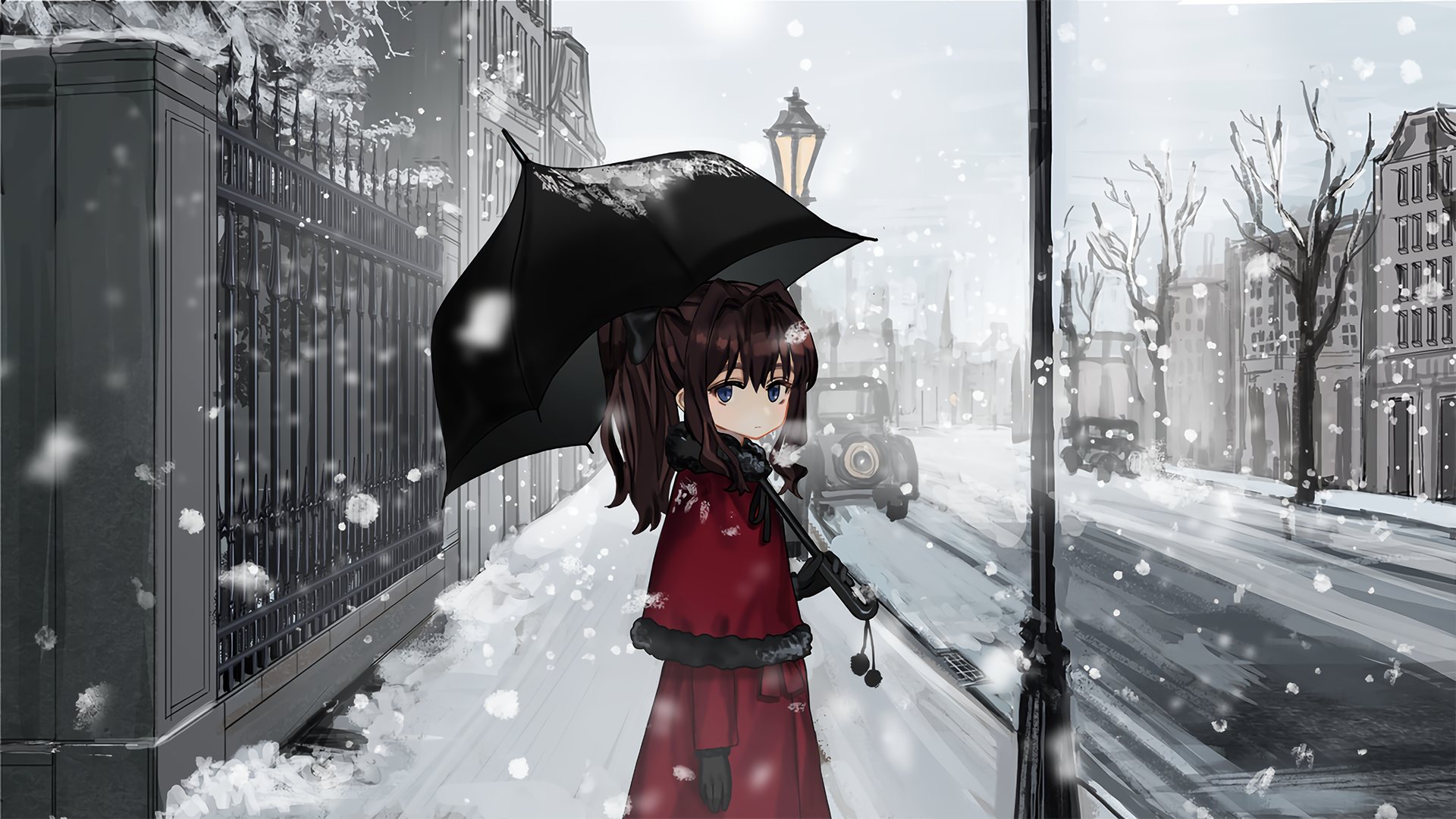 snow, car, umbrella, long hair, brunette, HD Wallpaper