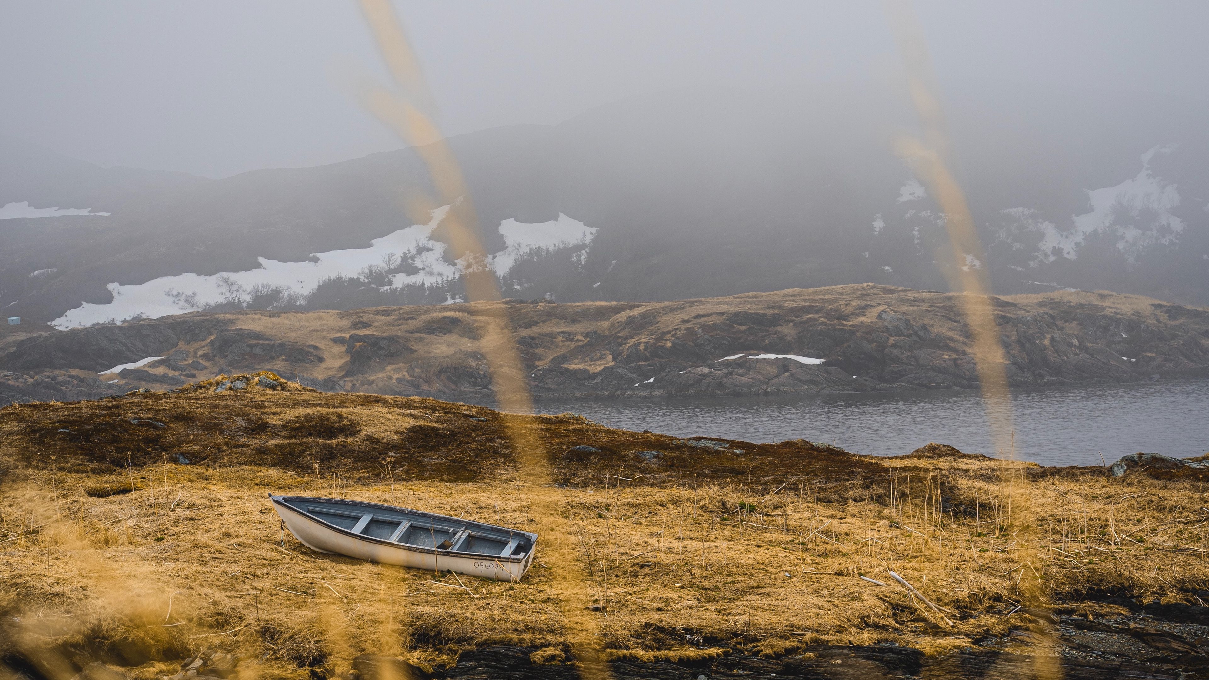 shore, boat, fog, lake, hills, 4k, HD Wallpaper
