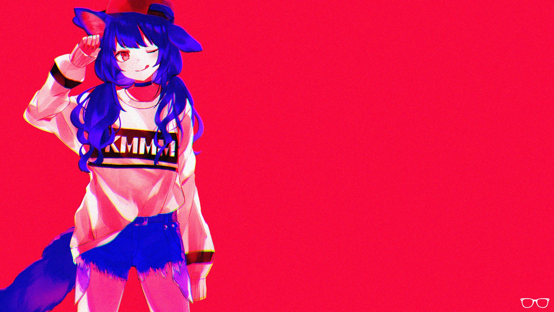 anime girls, anime, nekomimi, red, blue, simple, simple background, artwork, cat girl, HD Wallpaper