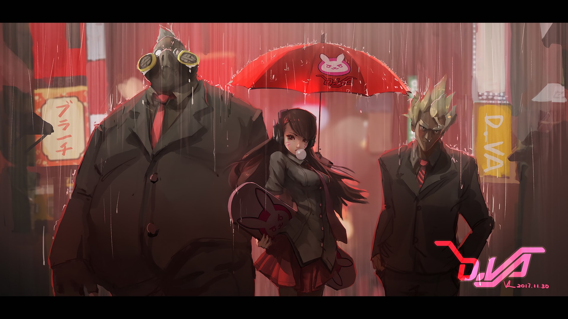 Junkrat (Overwatch), Overwatch, D.Va (Overwatch), Roadhog (Overwatch), suits, rain, HD Wallpaper