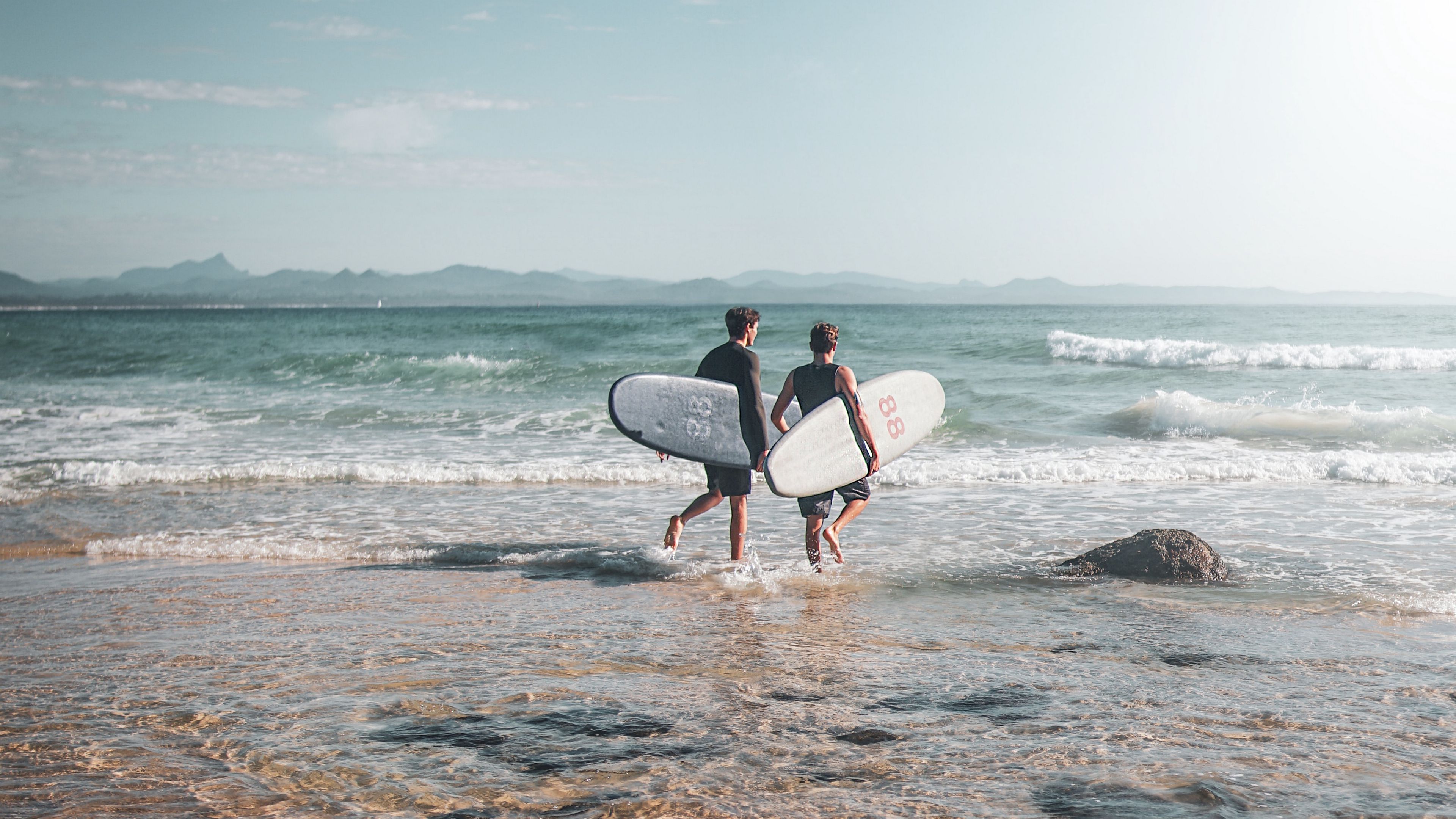 surfers, surfing, ocean, beach, waves, 4k, HD Wallpaper
