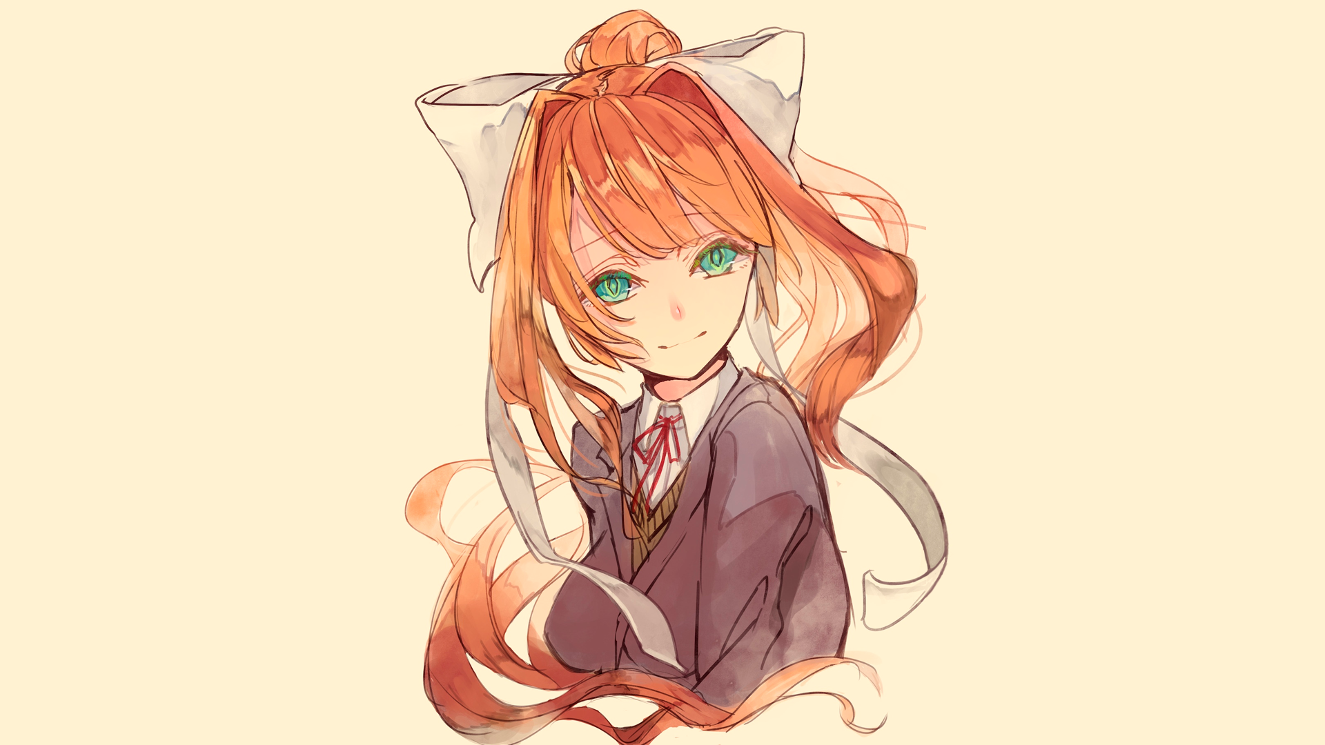 anime, manga, anime girls, simple background, minimalism, beige, redhead, Doki Doki Literature Club, Monika (Doki Doki Literature Club), schoolgirl, green eyes, HD Wallpaper