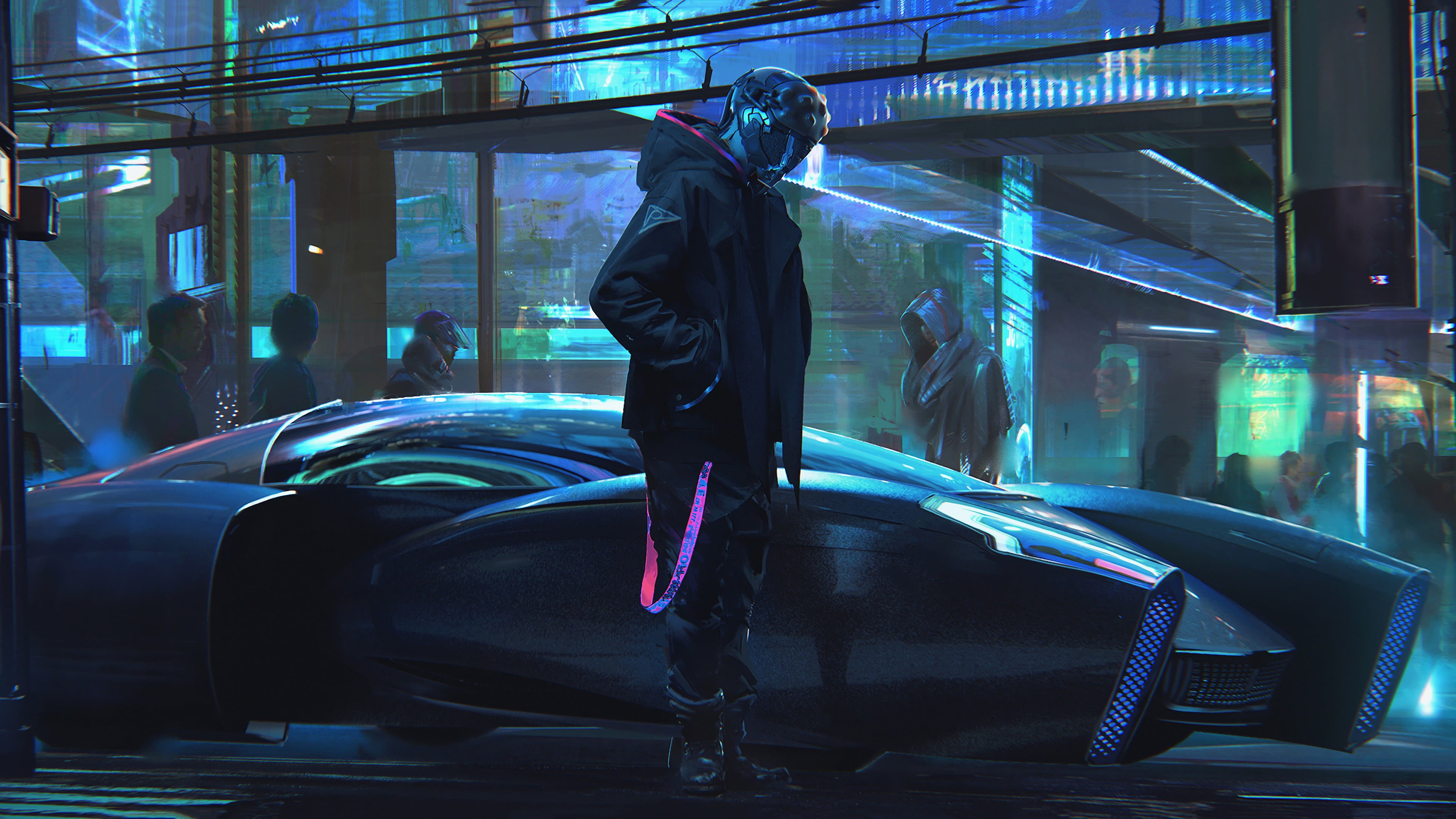 artwork, city lights, city, digital, lights, futuristic city, people, 4K, cyberpunk, neon lights, hoods, cyber, car, vehicle, digital art, science fiction, HD Wallpaper