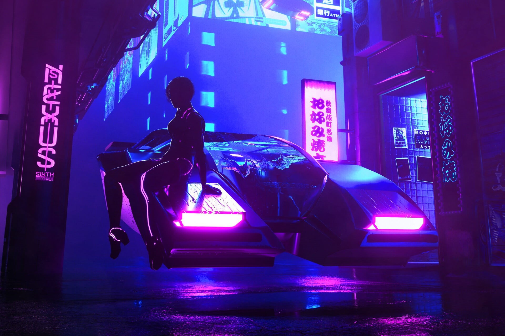 dark, futuristic city, digital art, night, neon, futuristic, cyberpunk, 1080P, vehicle, HD Wallpaper