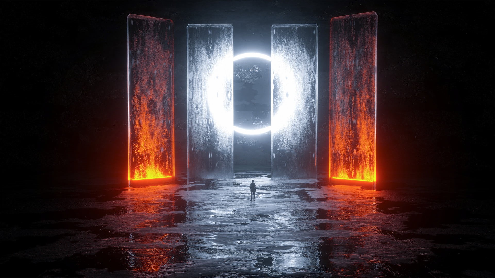 digital, landscape, ice, burning, environment, fire, hallway, architecture, silhouette, concept art, digital art, pillar, neon lights, artwork, circle, HD Wallpaper