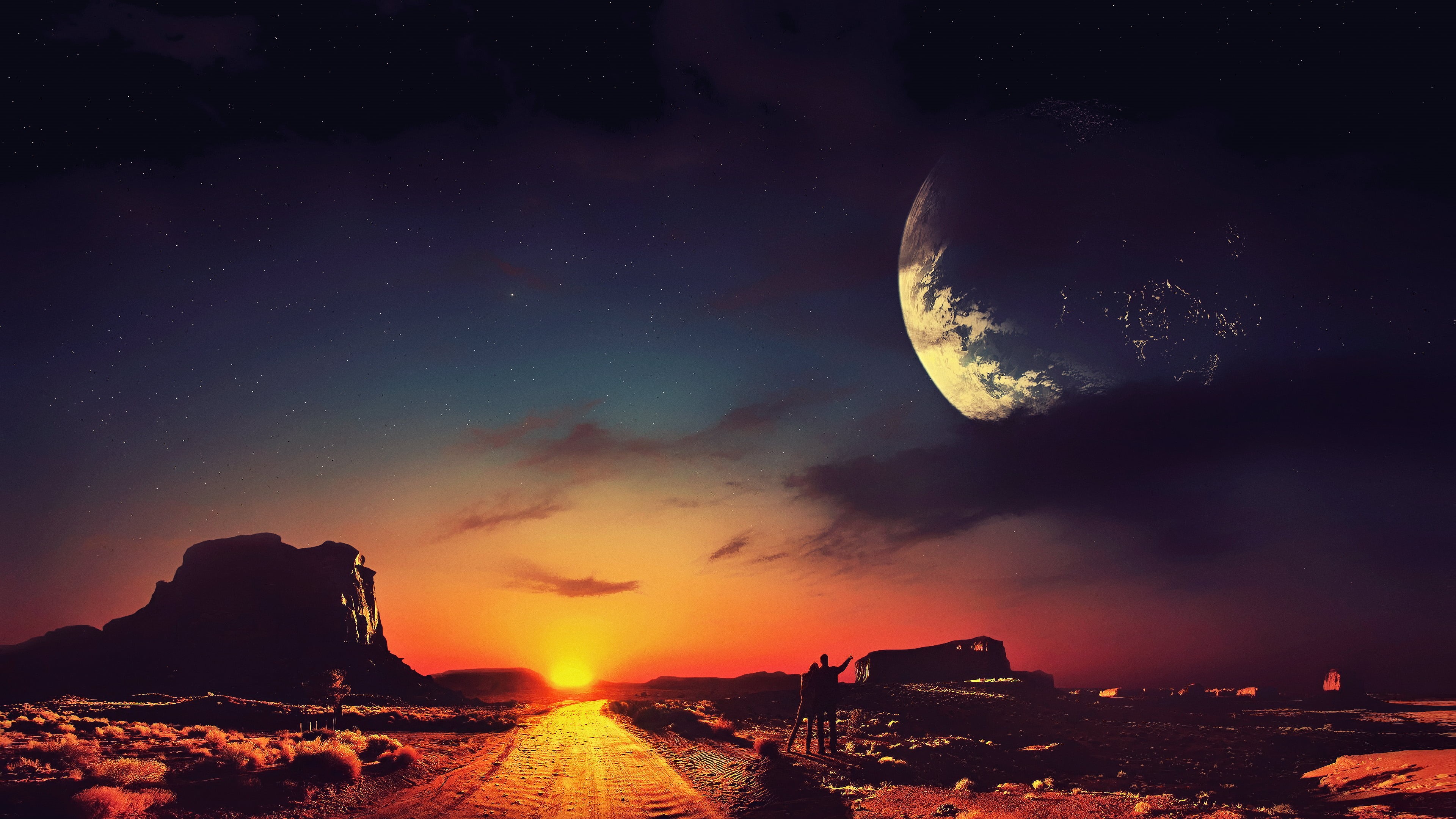 milky way, digital composite, 4K, concept art, space and astronomy, sky, rock, outdoors, solid, science fiction, fantasy art, night, environment, dark, HD Wallpaper
