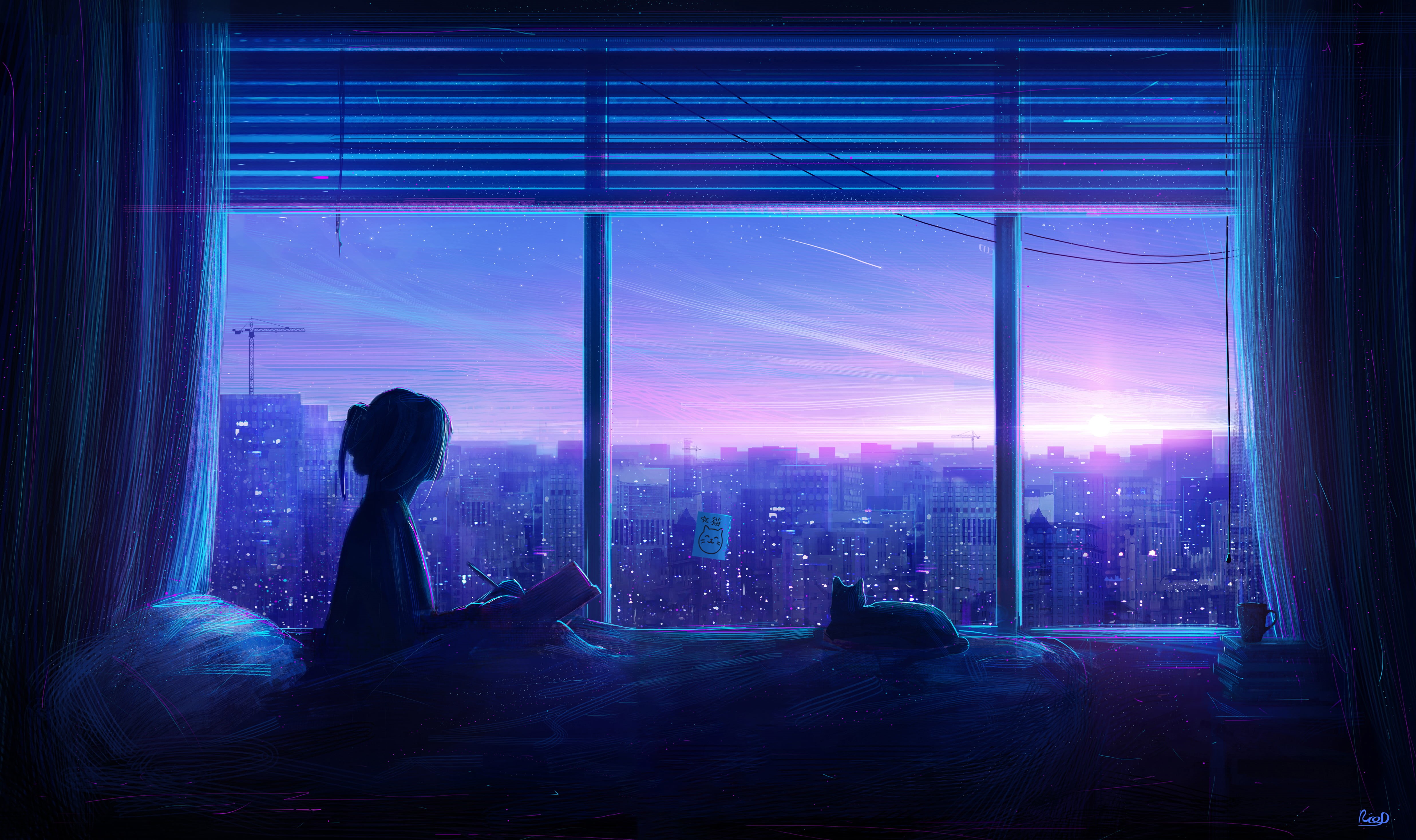 morning, landscape, RicoDZ, architecture, artwork, digital, dark, city, room, colorful, sun rays, 4K, cityscape, purple, digital art, bed, illustration, HD Wallpaper