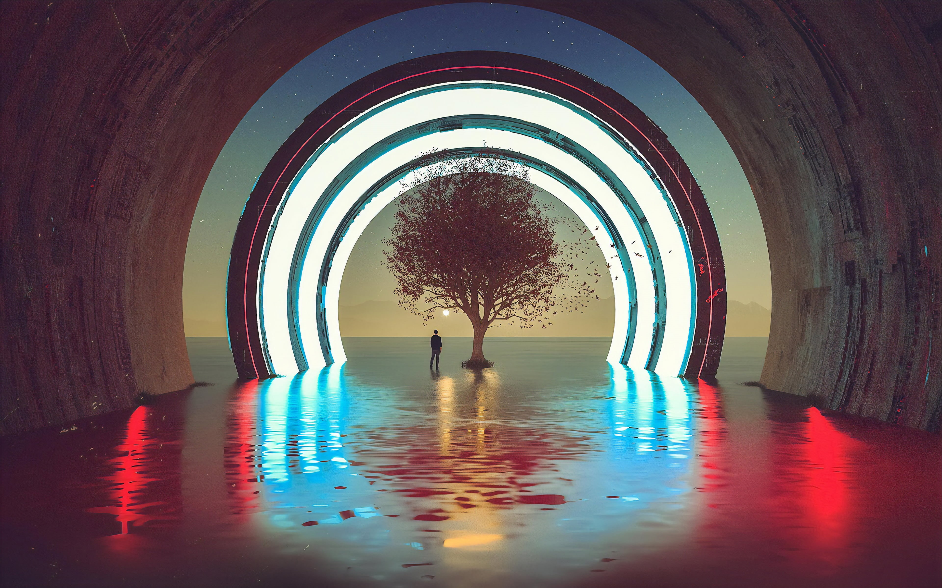 neon, surreal, abstract, men outdoors, digital, trees, sea, silhouette, outdoors, 4K, water, neon lights, artwork, men, fantasy art, digital art, reflection, HD Wallpaper