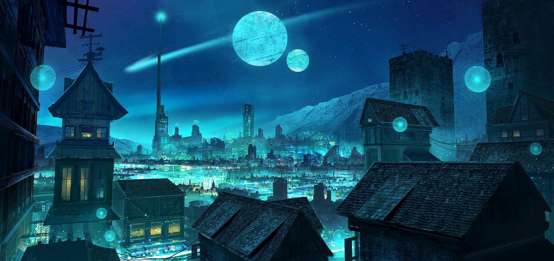 artwork, neon, lights, digital painting, Anton Kurbatov, architecture, cyan, 1080P, futuristic, city lights, drawing, fantasy art, moon rays, skyscape, HD Wallpaper