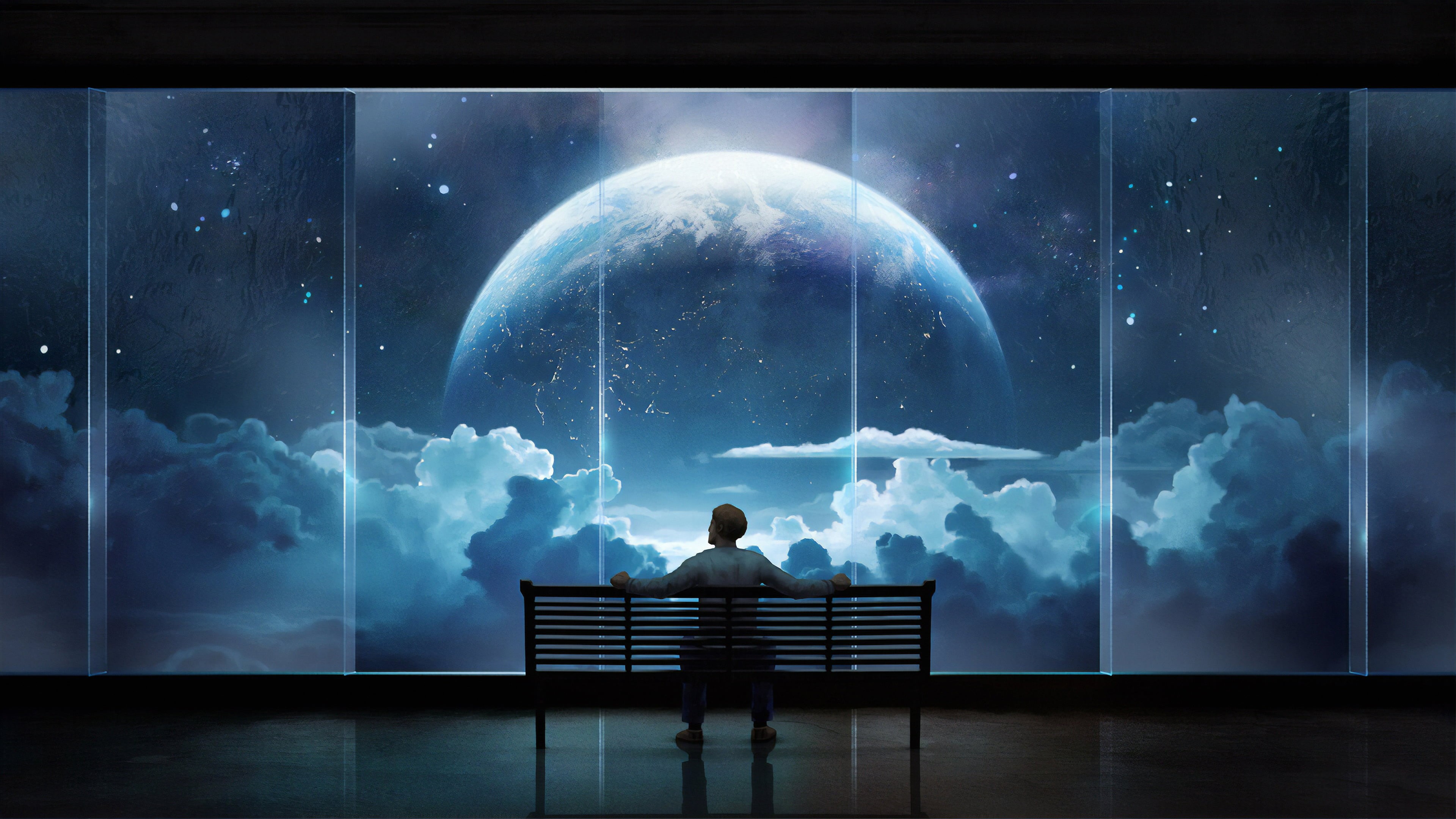 clouds, space clouds, fantasy art, illustration, blue, concept art, artwork, men, digital, sky, skyscape, space, Earth, reflection, environment, 4K, science fiction, HD Wallpaper