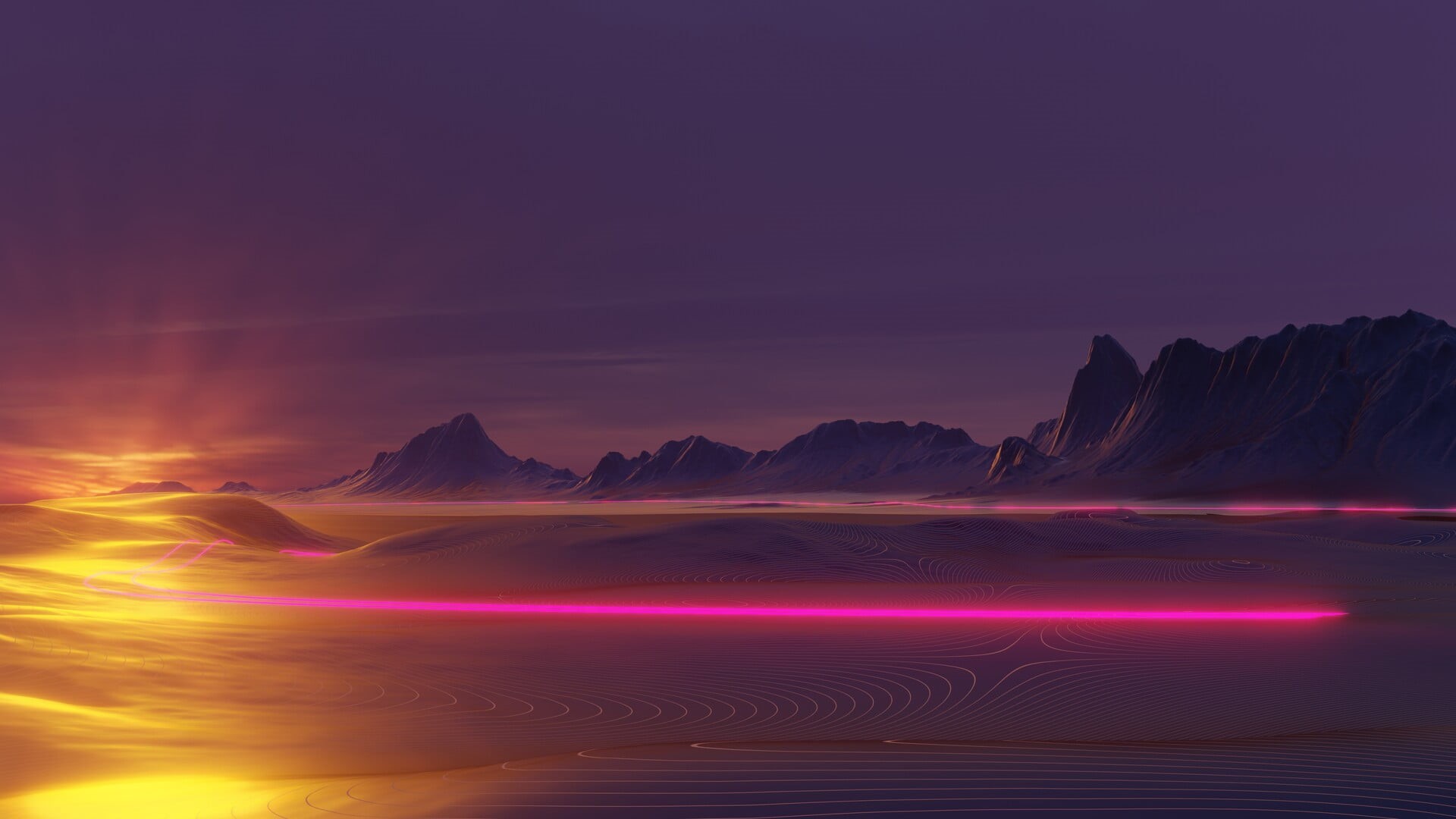 sand, sunset, neon glow, synthwave, mountains, 1080P, digital, neon, vaporwave, landscape, 3D, desert, cyberpunk, artwork, OutRun, science fiction, Retrowave, HD Wallpaper